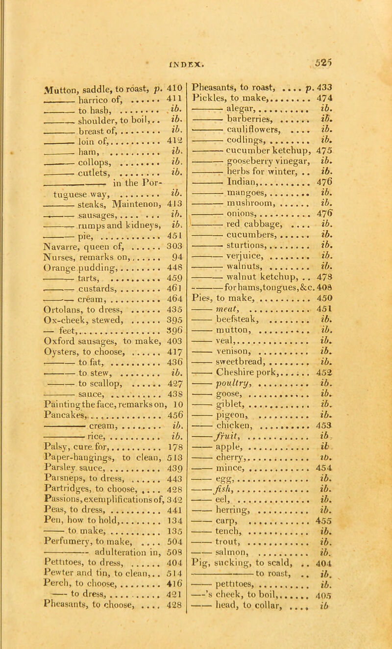 Mutton, saddle, to roast, p. 410 harrico of, 411 to hash, shoulder, to boil,,. ib. breast of, ib. loin of, 412 ham, ib. collops, ib. ■ cutlets, ib. — in the Por- tuguese vvay, ib. steaks, Maintenoii, 413 — sausages,... • ... ib. rumps and kidneys, ib. pie, 451 Navarre, queen of, 303 Nurses, remarks on, 94 Orange pudding, 448 tarts, 459 custards, 461 — cream, 464 Ortolans, to dress, 435 Ox-cheek, stewed, 395 — feet, 396 Oxford sausages, to make, 403 Oysters, to choose, 417 to fat, 436 to stew, ib. to scallop, 427 sauce, 438 Painting the face, remarks on, 10 Pancakes, 456 ■ — cream, ib. rice, ib. Palsy, cure for, 178 Paper-hangings, to clean, 513 Parsley sauce, 439 Paisneps, to dress 443 Partridges, to choose, .... 428 Passions, exemplifications of, 342 Peas, to dress, 441 Pen, how to hold, 134 to make, 135 Perfumery, to make, .... 504 adulteration in, 503 Pettitoes, to dress, 404 Pewter and tin, to clean,., 514 Perch, to choose, 416 to dress, 421 Pheasants, to choose, .... 428 Pheasants, to roast, .... p. 433 Pickles, to make, 474 alegar, ib. barberries, ib. • cauliflowers, .... ib. codlings, ib. cucumber ketchup, 475 gooseberry vinegar, ib. Indian, 476 mangoes, ib. mushroom, ib. onions, 476 red cabbage, .... ib. cucumbers, ib. sturtions, ib. verjuice, ib. walnuts, ib. walnut ketchup, .. 473 forhams,tongues,&c.408 Pies, to make, 450 meat, 451 beefsteak, ib. mutton, ib. veal, ib. venison, ib. sweetbread, ib. Cheshire pork,.. 452 poultry, ib. goose, ib. giblet, ib. pigeon, ib. chicken, 453 fruit, ib, apple, ib cherry, ib. mince, 454 egg, ib. fsh, ib. eel, ib. herring, ib. carp 455 tench, ib. trout ib. salmon, ib. Pig, sucking, to scald, .. 404 to roast, .. ib, pettitoes, ib. ’s cheek, to boil, 405 head, to collar, .... ib