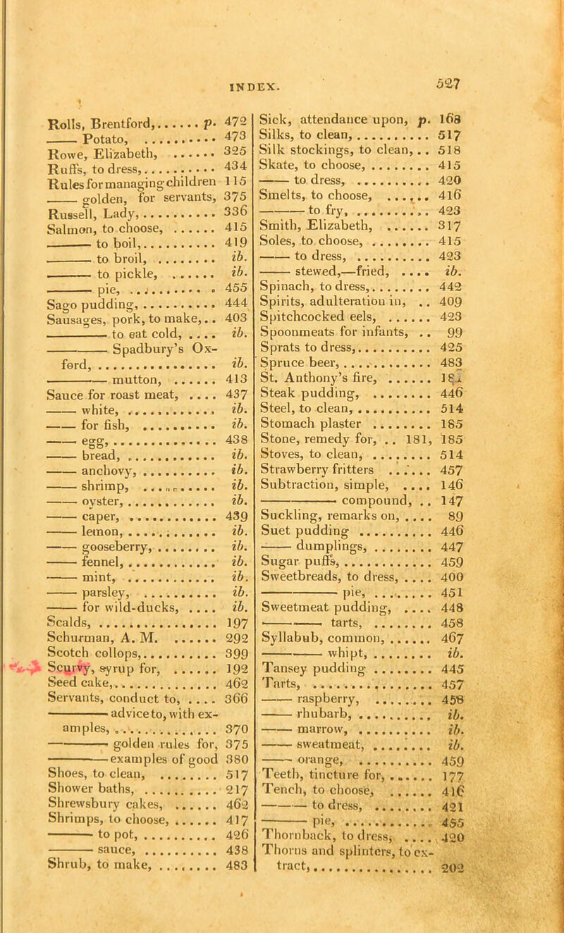 Rolls, Brentford, P* Potato, Rowe, Elizabeth, Ruff's, to dress, Rules for managing children golden, for servants, Russell, Lady, Salmon, to choose, — to boil, to broil, to pickle, pie, • Sago pudding, Sausages, pork, to make,.. to eat cold, .... Spadbury’s Ox- ford, mutton, Sauce for roast meat, .... white, for fish, egg, bread, anchovy, shrimp, ... „ oyster, caper, lemon, gooseberry, fennel, mint, parsley, for wild-ducks, .... Scalds, Schurman, A. M Scotch collops, Scjjrvy, syrup for, Seed cake, Servants, conduct to, advice to, with ex- amples, golden rules for, examples of good Shoes, to clean, Shower baths, Shrewsbury cakes, Shrimps, to choose, to pot, sauce, Shrub, to make, Sick, attendance upon, p. l6'8 Silks, to clean, 517 Silk stockings, to clean,.. 518 Skate, to choose, 415 to dress, 420 Smelts, to choose, ...... 4l6 to fry, 423 Smith, Elizabeth, 317 Soles, to choose, 415 to dress, 423 stewed,—fried, .... ib. Spinach, to dress, 442 Spirits, adulteration in, ., 409 Spitchcocked eels, 423 Spoonmeats for infants, .. 99 Sprats to dress, 425 Spruce beer, 483 St. Anthony’s fire, 1 Steak pudding, 446 Steel, to clean, 514 Stomach plaster 185 Stone, remedy for, .. 181, l85 Stoves, to clean, 514 Strawberry fritters ...... 457 Subtraction, simple, .... 146 compound, .. 147 Suckling, remarks on, .... 89 Suet pudding 446 dumplings, 447 Sugar puffs, 459 Sweetbreads, to dress, 400 pie, 451 Sweetmeat pudding 448 tarts, 458 Syllabub, common, 467 whipt, ib. Tansey pudding 445 Tarts, 457 raspberry, 458 rhubarb, ib. marrow, ib. sweatmeat, ........ ib. orange, 459 Teeth, tincture for, 177 Tench, to clioose, 416 to dress, 421 pie, 455 Thornback, to dress, .... 420 Tliorns and splinters, to ex- tract, 202 472 473 325 434 115 375 336 415 419 ib. ib. 455 444 403 ib. ib. 413 437 ib. ib. 438 ib, ib. ib. ib. 439 ib. ib. ib. ib. ib. ib. 197 292 399 192 462 366 370 375 380 517 217 462 417 426 438 483 •