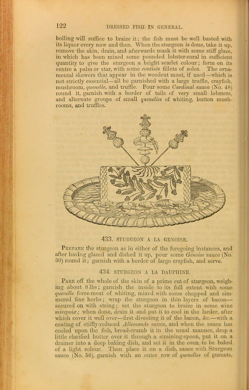 boiling will suffice to braize it; the fish must be well basted with its liquor every now and then. When the sturgeon is done, take it up, remove the skin, drain, and afterwards mask it with some stiff glaze, in which has been mixed some pounded lobster-coral in sufficient quantity to give the sturgeon a bright scarlet colour; form on its centre a palm or star, with some contises fillets of soles. The orna- mental skewers that appear in the woodcut must, if used—which is not strictly essential—all be garnished with a large truffle, crayfish, mushroom, quenelle, and truffle. Pour some Cardinal sauce (No. 48) round it, garnish with a border of tails of very small lobsters, and alternate groups of small quenelles of whiting, button mush- rooms, and truffles. 433. STURGEON A LA GEXOISE. Prepare the sturgeon as in either of the foregoing instances, and after having glazed and dished it up, pour some Gcnoise sauce (No. 30) round it; garnish with a border of large crayfish, and serve. 434. STURGEON A LA DAUPIIINE. Pare off the whole of the skin of a prime cut of sturgeon, weigh- ing about 8 lbs; garnish the inside to its full extent with some quenelle force-meat of whiting, mixed with some chopped and sim- mered fine herbs; wrap the sturgeon in thin layers of bacon— secured on with string; set the sturgeon to braize in some wine mirepoix; when done, drain it and put it to cool in the larder, after which cover it well over—first divesting it of the bacon, &c.—with a coating of stiffly-reduced Allcmande sauce, and when the sauce has cooled upon the fish, bread-crumb it in the usual manner, drop a little clarified butter over it through a straining-spoon, put it on a drainer into a deep baking dish, and set it in the oven to be baked of a light colour. Then place it on a dish, sauce with Sturgeon sauce (No. 50), garnish with an outer row of quenelles of gurnets,