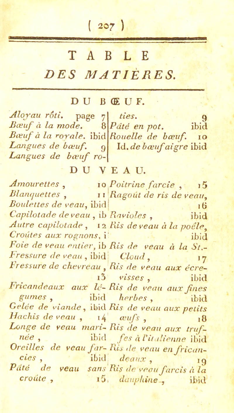 TABLE DES MATIÈRES. DU BŒUF Aloyau rôti, page 7 Bœuf à la mode. 8 Bœuf à la royale, ibid Langues de bœuf. 9 Langues de bœuf ro- D U VEAU. ties. 9 Pâté en pot. ibid Rouelle de bœuf. 10 Id. de bœuf aigre ibid Amourettes , \o Poitrine farcie , i5 Blaïujuettes , 11 Ragoût de ris de veau. Boulettes de veau, ibid! i(j Capilotade devenu , ib Ravioles , ibid Autre capilotade , 12 Ris de veau à la poêle. Croûtes aux rognons, i' ibid Foie de veau entier, ib Ris de veau à la St.~ Pressure de veau , ibid Clotid , 1 y Pressure de chevreau , Ris de veau aux écre~ i3 visses , ibid Fricandeaux aux le- Ris de veau aux fnes glanes , ibid herbes , ibid Gelée de viande, ibid Ris de veau aux petits Hachis devenu , 14 œufs , ,8 Longe de veau mari- Ris de veau aux triif- née , ibid fes àl’iialienne ih'uX Oreilles de veau far- Pus de venu enfrican- cies , ibid deaux , iq Pâté de veau sans Ris de veau farcis à la croûte , i5, dauphineibid