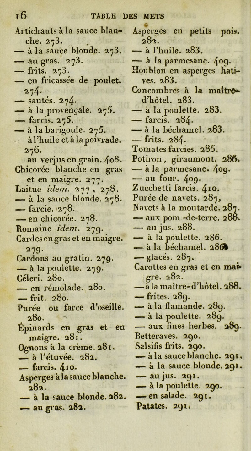 Artichauts à la sauce blan- che. — à la sauce blonde. 2^3. — au gras. 2*^3. — frils. 2*^3. en fricassée de poulet. 274. — sautés. 274* — à la provençale. 2'jS. — farcis. 275. — à la barigoule. 275. ^ à l’huile et à la poivrade. 276. au verjus en grain. 4o8. Chicorée blanche en gras et en maigre. 277. Laitue idem. 277 , 278. — à la sauce blonde. 278. — farcie. >278. — en chicorée. 278. Romaine idem. 27g. Cardes en gras et en maigre. 279- Cardons au gratin. 279. — à la poulette. 279. Céleri. 280. — en rémolade. 280. — frit. 280. Purée ou farce d’oseille. 280. Épinards en gras et en maigre. 281. Ognons à la crème. 281. — à rétuvée. 282. — farcis. 4*o* Asperges à la sauce blanche. 282. — à la sauce blonde. 282. — au gras. 282. Asperges en petits pois. 282. — à l’huile. 283. — à la parmesane. 4^9* Houblon en asperges hâti- ves. 283. Concombres à la maître»- d’hôtel. 283. — à la poulette. 283. — farcis. 284. — à la béchamel. 283. — frits. 284. Tomates farcies. 285. Potiron^ giraumont. 286» — à la parmesane. 4<>9* — au four. 409* Zucchetti farcis. 4io- Purée de navets. 287, Navets à la moutarde. 287. — aux pom -de-terre. 288. — au jus. 288. — à la poulette. 2S6. — à la béchamel. 286% — glacés. 287. Carottes en gras et en ma^ {gre. 282. — à la maître-d’hôtel, 288. — frites. 28g. — à la flamande. 28g. — à la poulette. 28g. — aux fines herbes. 28g. Betteraves. 2go. Salsifis frits. 2go. — à la sauce blanche. 291, à la sauce blonde. 291. — au jus. 291. à la poulette. 290. -—en salade. 291. Patates. 291.
