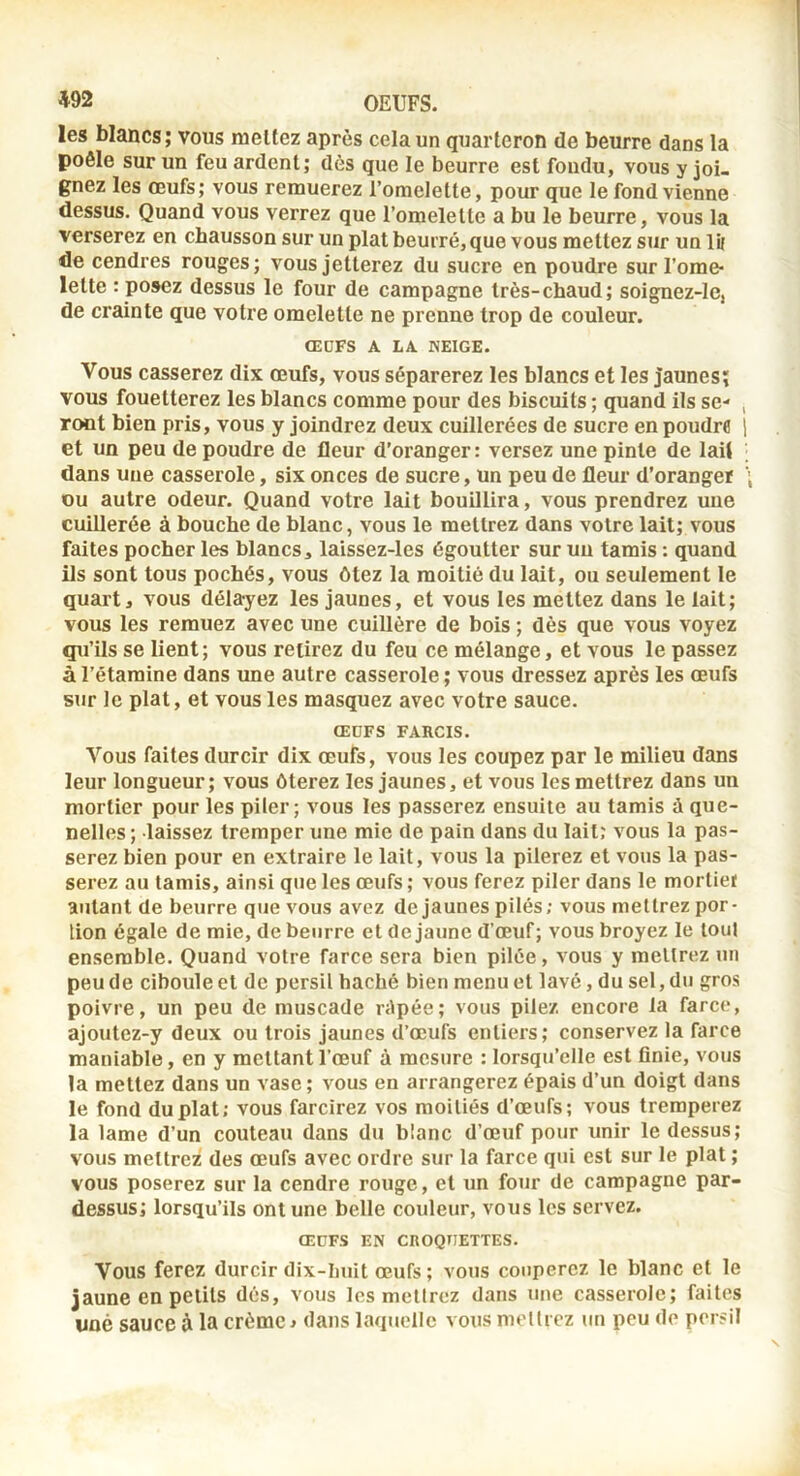 ^92 OEUFS. les blancs; vous mettez après cela un quarteron de beurre dans la poêle sur un feu ardent; dès que le beurre est fondu, vous y joi- gnez les œufs; vous remuerez l’omelette, pour que le fond vienne dessus. Quand vous verrez que l’omelette a bu le beurre, vous la verserez en chausson sur un plat beurré, que vous mettez sur un lij de cendres rouges; vous jetterez du sucre en poudre sur l’ome- lette : posez dessus le four de campagne très-chaud; soignez-le, de crainte que votre omelette ne prenne trop de couleur. ŒDFS A LA NEIGE. Vous casserez dix œufs, vous séparerez les blancs et les jaunes; vous fouetterez les blancs comme pour des biscuits ; quand ils se- , ront bien pris, vous y joindrez deux cuillerées de sucre en poudre i et un peu de poudre de fleur d’oranger: versez une pinte de lait ; dans une casserole, six onces de sucre, un peu de fleur d’oranger ; ou autre odeur. Quand votre lait bouillira, vous prendrez une cuillerée à bouche de hlanc, vous le mettrez dans votre lait; vous faites pocher les blancs, laissez-les égoutter sur un tamis ; quand ils sont tous pochés, vous ôtez la moitié du lait, ou seulement le quart, vous délayez les jaunes, et vous les mettez dans le lait; vous les remuez avec une cuillère de bois ; dès que vous voyez qu’ils se lient; vous retirez du feu ce mélange, et vous le passez à l’étamine dans une autre casserole ; vous dressez après les œufs sur le plat, et vous les masquez avec votre sauce. ŒDFS FARCIS. Vous faites durcir dix œufs, vous les coupez par le milieu dans leur longueur; vous ôterez les jaunes, et vous les mettrez dans un mortier pour les piler; vous les passerez ensuite au tamis à que- nelles ; laissez tremper une mie de pain dans du lait; vous la pas- serez bien pour en extraire le lait, vous la pilerez et vous la pas- serez au tamis, ainsi que les œufs ; vous ferez piler dans le mortier autant de beurre que vous avez de jaunes pilés; vous mettrez por- tion égale de mie, de beurre et de jaune d’œuf; vous broyez le tout ensemble. Quand votre farce sera bien pilée, vous y mettrez un peu de ciboule et de persil haché bien menuet lavé, du sel, du gros poivre, un peu de muscade nlpée; vous pilez encore la farce, ajoutez-y deux ou trois jaunes d’œufs entiers; conservez la farce maniable, en y mettant l’œuf à mesure : lorsqu’elle est finie, vous la mettez dans un vase; vous en arrangerez épais d’un doigt dans le fond du plat; vous farcirez vos moitiés d’œufs; vous tremperez la lame d’un couteau dans du blanc d’œuf pour unir le dessus; vous mettrez des œufs avec ordre sur la farce qui est sur le plat ; vous poserez sur la cendre rouge, et un four de campagne par- dessus; lorsqu’ils ont une belle couleur, vous les servez. ŒDFS EN CROQUETTES. Vous ferez durcir dix-huit œufs; vous couperez le blanc et le jaune en petits dès, vous les melirez dans une casserole; faites une sauce à la crème j dans laquelle vous mettrez un peu de persil