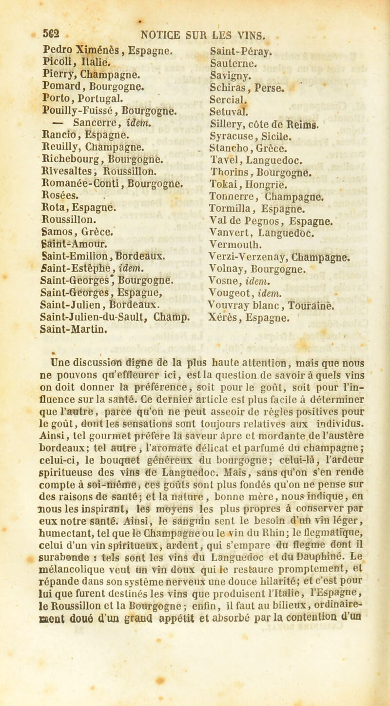 Pedro Ximénës, Espagne. Picôli, Italie. Pierry, Champagne. Pomard, Bourgogne. Porto, Portugal. Pouilly-Fuissé, Bourgogne. — Sancerre, idem. Rancio, Espagne. Reuilly, Champagne. Richebourg, Bourgogne, Rivesaltes, Roussillon. Romanée-Conti, Bourgogne. Rosées. Rota, Espagne. Roussillon. Samos, Grèce. Çainl-Amour. Saint-Emilion, Bordeaux. Saint-Estêphe, idem. Saint-Georges* Bourgogne. Saint-Georges, Espagne, Saint-Julien, Bordeaux. Saint-JuIien-du-Sault, Champ. Saint-Martin. Saint-Péray. Sauternc. Savigny. Schiras, Perse. Sercial. Setuval. Sillery, côte de Reims. Syracuse, Sicile. Slancho, Grèce. Tavel, Languedoc. Thorins, Bourgogne. Tokai, Hongrie. Tonnerre, Champagne. Tormilla, Espagne. Val de Pegnos, Espagne. Vanvert, Languedoc. Vermouth. Verzi-Verzenaÿ, Champagne. Volnay, Bourgogne. Vosne, idem. Vougeot, idem. Vouvray blanc, Tourainè. Xérès, Espagne. • Une discussion digne de la plus haute attention, mais que nous ne pouvons qu’effleurer ici, est la question de savoir à quels vins on doit donner la préférence, soit pour le goût, soit pour Tin- fluence sur la santé. Ce dernier article est plus facile à déterminer que l’autre, parce qu’on ne peut asseoir de règles positives pour le goût, dont les sensations sont toujours relatives aux individus. Ainsi, tel gourmet préféré la saveur dpre et mordante de l’austère bordeaux; tel autre, Taromate délicat et parfumé du champagne; celui-ci, le bouquet généreux du bourgogne; celui-là, Tardeur spiritueuse des vins de Languedoc. Mais, sans qu’on s’en rende compte à soi-même) ces goûts sont plus fondés qu’on ne pense sur des raisons de santé; et la nature, bonne mère, nous indique, en mous les inspirant, les moyens les plus propres à conserver par eux notre santé. Ainsi, le sanguin sent le besoin d’un vin léger, humectant, tel que le Champagne ou le vin du Rhin; le flegmatique, celui d’un vin spiritueux, ardent, qui s’empare du flegme dont il surabonde t tels sont les vins du Languedoc et du Dauphiné. Le mélancolique veut un vin doux qui le restaure promptement, et répande dans son système nerveux une douce hilarité; et c’est pour lui que furent destinés les vins que produisent l’Italie, l’Espagne, le Roussillon et la Bourgogne ; enfln, U faut au bilieux, ordinaire- GDcat doué d’im grand appétit et absorbé par la contention d’un