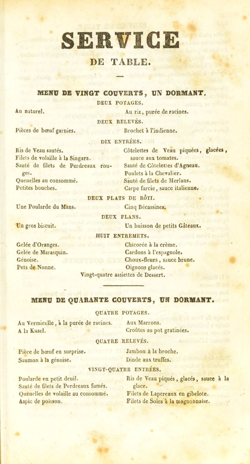 SERVICE DE TABLE. MENU DE VINGT COUVERTS, UN DORMANT. DEDX POTAGES. Au naturel. Au riz, purée de racines. DEOX RELEVÉS. Brochet à l’indienne. Pièces de boeuf garnies. Ris de Veau sautés. Filels de volaille à la Singara. Sauté de filets de Perdreaux rou- ges. Quenelles au consommé. Petites bouches. Une Poularde du Mans. Un gros biscuit. Gelée d’Oranges. Celée de Marasquin. Génoise. Pets de Nonne. DIX ENTREES. Côtelettes de Veau piquées, glacées, sauce aux tomates. Sauté de Côteleties d’Agnoau. Poulets à la Chevalier. Sauté de filets de Merlans. Carpe farcie, sauce italienne. DEUX PLATS DE RÔTI. Cinq Bécassines. DEDX FLANS. Un buisson de petits Gâteaux. HUIT ENTREMETS. Chicorée à la crème. Cardons à l’espagnole. Choux-fleurs, sauce brune. Oignons glacés. Vingt-quatre assiettes de Dessert. MENU DE quarante COUVERTS, UN DORMANT. QÜATRE POTAGES. Au Vermicelle, à la purée de racines. Aux Marrons. A la Kusel. Croûtes au pot gratinées. QUATRE RELEVÉS. Pièce de bœuf en surprise. Jambon à la broche. Saumon à la génoise. Dinde aux truffes. VINGT-QUATRE ENTRÉES. Poularde en petit deuil. Sauté de filets de Perdreaux fumés. Quenelles de volaille au consommé. Aspic de poisson. Ris de Veau piqués , glacés, sauce â la glace. Filets de Lapereaux en gibelole. Filels de Soles à 1a magnonnaise.