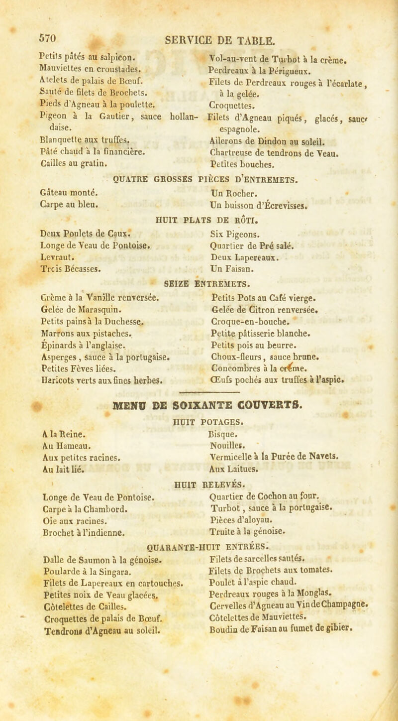 Petits pâtés au salpicon. Mauviettes en croustades. Atelets de palais de Bœuf. Sauté de filets de Brochets. Pieds d'Agneau à la poulette. Pigeon à la Gautier, sauce hollan- daise. Blanquette aux truffes. Pâté chaud à la financière. Cailles au gratin. Vol-au-vent de Turbot à la crème. Perdreaux à la Périgueux. Filets de. Perdreaux rouges à l’écarlate, à la gelée. Croquettes. Filets d’Agneau piqués, glacés, sauc' espagnole. Ailerons de Dindon au soleil. Chartreuse de tendrons de Veau. Petites bouches. Gâteau monté. Carpe au bleu. QUATRE GROSSES PIÈCES d’eNTREMETS. Un Rocher. Un buisson d’Écrevisses. HUIT PLATS DE ROTI. Deux Poulets de CauxT Six Pigeons. Longe de Veau de Pontoise. Quartier de Pré salé. Levraut. Deux Lapereaux. Treis Bécasses. Un Faisan. SEIZE ÉHTRE.VETS. Crème à la Vanille renversée. Gelée de Marasquin. Petits pains à la Duchessç. Marrons aux pistaches. Epinards à l’anglaise. Asperges , sauce à la portugaise. Petites Fèves liées. Haricots verts aux fines herbes. Petits Pots au Café vierge. Gelée de Citron renversée, Croque-en-bouche. Petite pâtisserie blanche. Petits pois au beurre. Choux-fleurs, sauce brune. Concombres à la ci^me. Œuls pochés aux truffes à l’aspic. MENU DE SOIXANTE COUVERTS. HUIT POTAGES. A la Reine. Bisque. Au Hameau. Nouilles. ’ Aux petites racines. Vermicelle à la Purée de Navets. Au lait lié. Aux Laitues. HUIT RELEVÉS. Longe de Veau de Pontoise. Carpe a la Chambord. Oie aux racines. Brochet à l’indienne. QUARANTE Dalle de Saumon à la génoise. Poularde à la Singara. Filets de Lapereaux en cartouches. Petites noix de Veau glacées. Côtelettes de Cailles. Croquettes de palais de Bœuf. Tendrons d’Agneau au soleil. Quartier de Cochon au four. Turbot, sauce à la portugaise. Pièces d’aloyau. Truite à la génoise. -HUIT ENTRÉES. Filets de sarcelles sautés. Filets de Brochets aux tomates. Poulet à l’aspic chaud. Perdreaux rouges b la Monglas. Cervelles d’Agneau au Vin de Champagne. Côtelettes de Mauviettes. Boudin de Faisan au fumet de gibier.