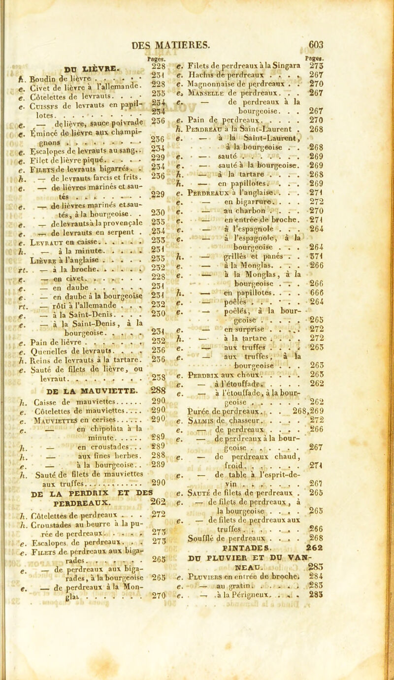 a <%>•<*<*<* rt e. e. e- rt e. e. DU LIÈVRE. Boudin de lièvre Civet de lièvre a l’allemande. Côtelettes de levrauts. . Cüissfs de levrauts en papil- lotes • — dç lièvre, sauce poivrade Émincé de lièvre aux champi- gnons Escalopes de levrauts au sang.. Filet de lièvre piqué Fu-BTsde levrauts bigarrés. . — de levrauts farcis et frits. — de lièvres marinés et sau- tés ..►•.•• • de lièvres marinés etsau- tés, à la bourgeoise. . — de levrauts a la provençale — de levrauts en serpent . Levraut en caisse . à la minute Lièvre à l’anglaise — à la broche. ..... en civet. ...... en daube en daube à la bourgeoise rôti à l’allemande . . . à la Saint-Denis. . . . à la Saint-Denis, à la bourgeoise. .... Pages. 228 251 228 255 234 254 25G 256 234 229 254 236 229 230 255 254 255 251 235 252 228 251 251 252 250 231 DE LA PERDRIX ET DES Page». 273 267 270 267 Filets de perdreaux à la Singara Hachis de perdreaux .... Magnonnaise de perdreaux . . Manselle de perdreaux. . . — de perdreaux à la bourgeoise. . . Pain de perdreaux. .... 270 Perdreau à la Saint-Laurent . 268 — à la Sa!ut-Laurent, à la bourgeoise . . • — sauté — sauté à la bourgeoise. — à la tartare .... — en papillotes. . . . Perdreaux à l’anglaise. . . . — en bigarrure. . . . — au charbon .... — en entrée de broche. — à l’espagnole . . . — à l’espagnole, à la bourgeoise . . . — grillés et panés . . — à la Monglas. . . . — à la Monglas, à la bourgeoise . . . — en papillotes. . . . — poêlés ..... — poêlés, à la bour- geoise 265 267 268 269 269 268 269 271 272 270 271 264 264 571 266 266 666 264 e. e. Quenelles de levrauts. . . . 256 e. h. Ilcins de levrauts à la tartare. 256 €• e. Sauté de filets de lièvre, ou levraut . 238 e. DE LA MAUVIETTE. 288 e. h. Caisse de mauviettes 290 e. Côtelettes de mauviettes.... 290 e. Mauviettes en cerises...... 290 e. c. en chipolata à la 289 e. minute e. h. — en croustades... 289 h. aux fines herbes. 288 e. e. à la bourgeoise. . 289 h. Sauté de filets de mauviettes e. la 272 272 263 263 e. PERDREAUX. 202 é. h. Côtelettes de perdreaux . . . 272 h. Croustades au beurre a la pu- e. rée de perdreaux. .... 273 €• Escalopes de perdreaux. . . 273 e. Filets .de perdreaux aux biga- rades 265 e. — de perdreaux aux biga- rades, à la bourgeoise 265 e. e. de perdreaux à la Mon- e. glas 270 e. — en surprise . • ■— à la tartare ; — aux truffes . — aux truffes, bourgeoise Perdrix aux choux 265 — à l’étouffadc. .... 262 — a l'étouffade, à la bour- geoise 262 Purée de perdreaux. . . 268,269 Salmis de chasseur. .... 272 — de perdreaux .... 266 — de perdreaux à la bour- geoise ...... 267 — de perdreaux chaud, froid, ...... — de table a l’esprit-de- vin Sauté de filets de perdreaux . — de filets de perdreaux , à la bourgeoise .... — de filets de perdreaux aux truffes . 266 Soufflé de perdreaux . . . . 268 PINTADES. 262 Dü PLUVIER ET DU VAN- NEAU. Pluviers en entrée de broche. — au gratin. . . . . , — .a la Périgueux. . . 271 267 265 265 283 284 283 283