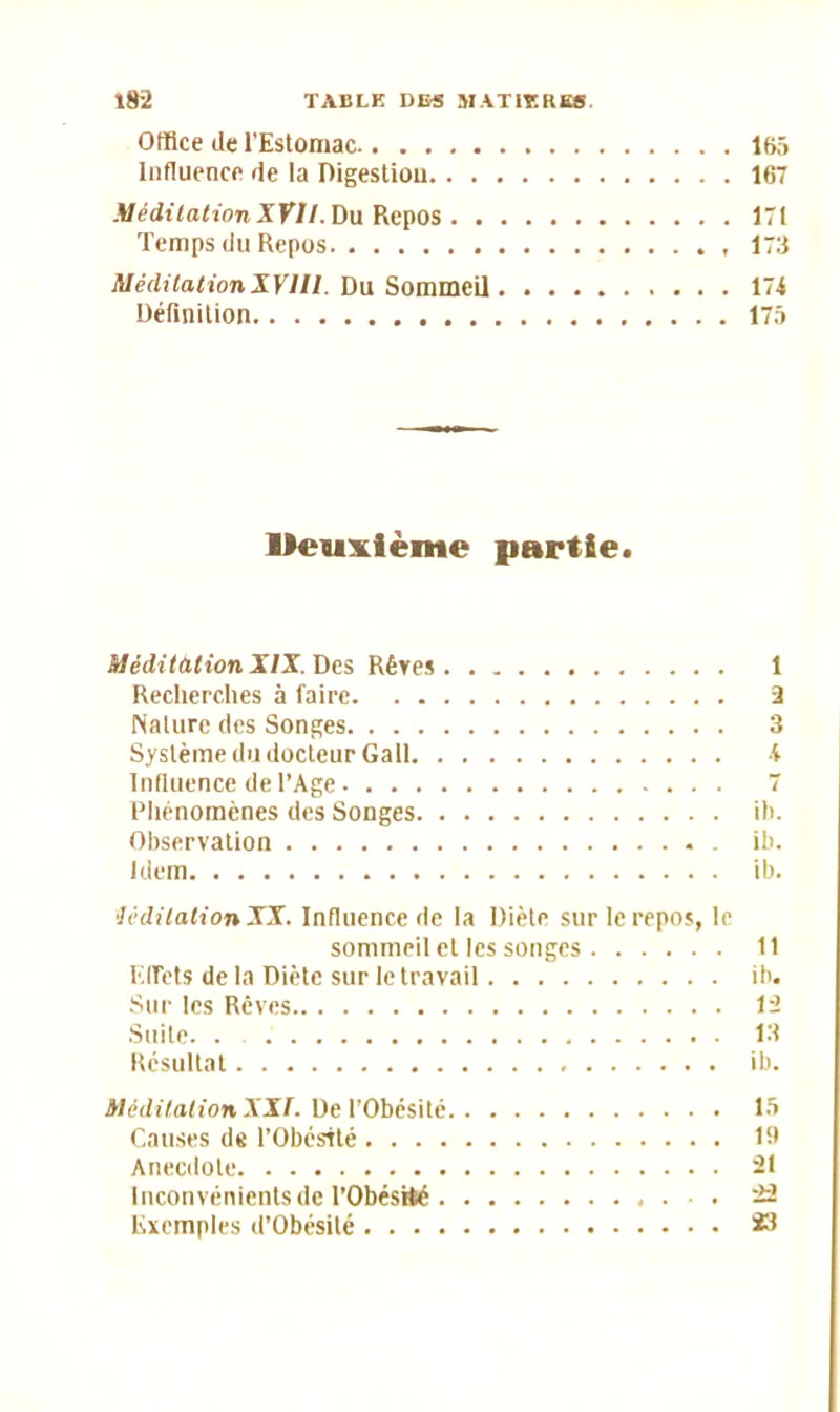 Office de l'Estomac 165 Influence de la Digestion 167 Méditation XVII. Du Repos 171 Temps du Repos 173 Méditation XVIII. Du Sommeil 174 Définition 175 Deuxième partie. Méditation XIX. Des Rêves 1 Recherches à faire 2 Nature des Songes 3 Système du docteur Gall -f Influence de l’Age 7 Phénomènes des Songes ih. Observation - ib. Idem ib. Méditation XX. Influence de la Diète sur le repos, le sommeil et les songes 11 Effets de la Diète sur le travail ib. Sur les Rêves 12 Suite. . 13 Résultat ib. Méditation XXT. De l’Obcsité 15 Causes de l’Obésité 19 Anecdote 21 Inconvénients de l’Obésité 22 Exemples d’Obésité 29