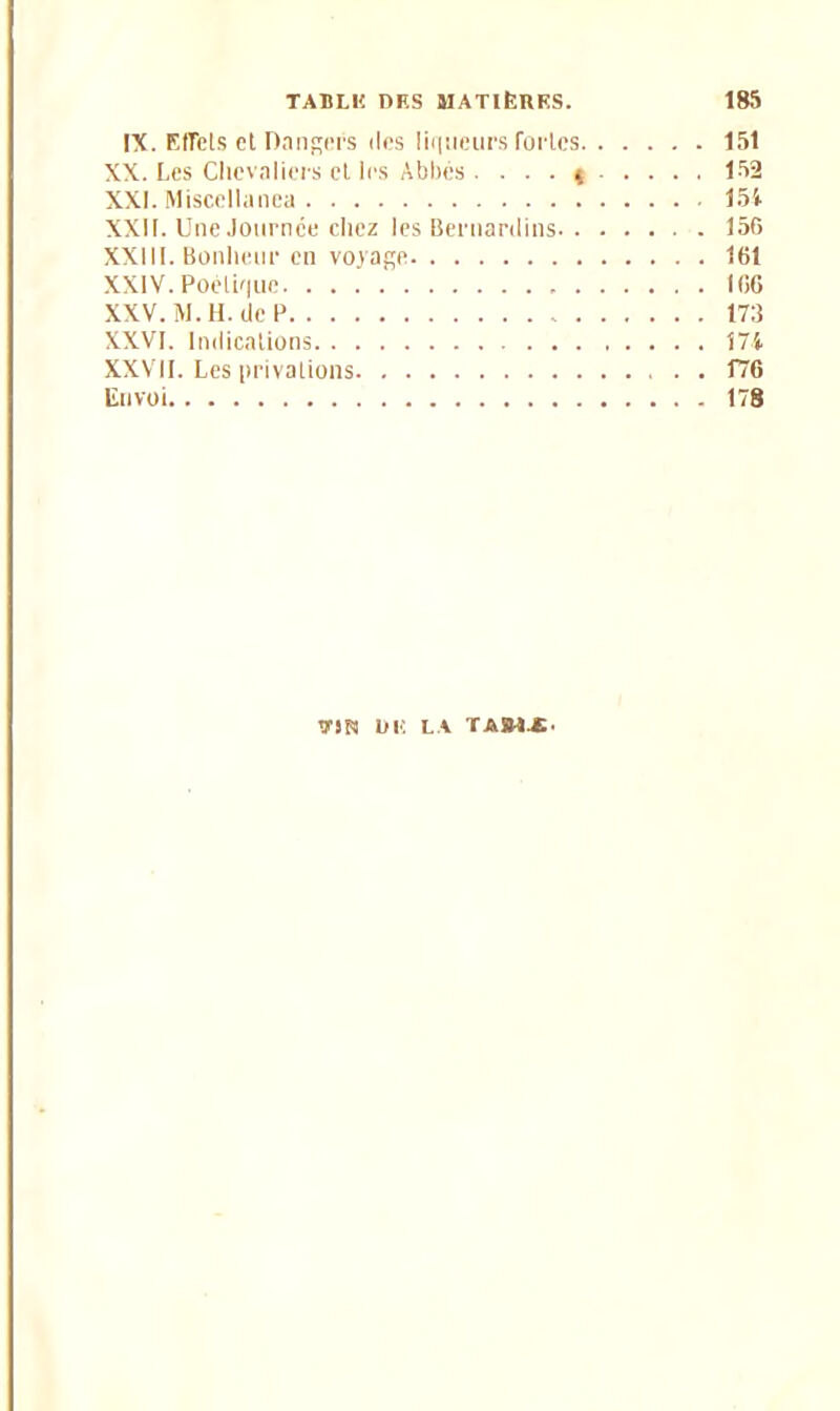 IX. Effets et Dangers des liqueurs fortes 151 XX. Les Chevaliers et les Abbés . . . . \ 152 XXI. Miscellanea 154- XXII. Une Journée chez les Bernardins 156 XXIII. Bonheur en voyage 161 XXIV. Poéth|uc 106 XXV. M. H. de P 173 XXVI. Indications 174 XXVII. Les privations 176 Envoi 178 VJN ou LA TASM-E.