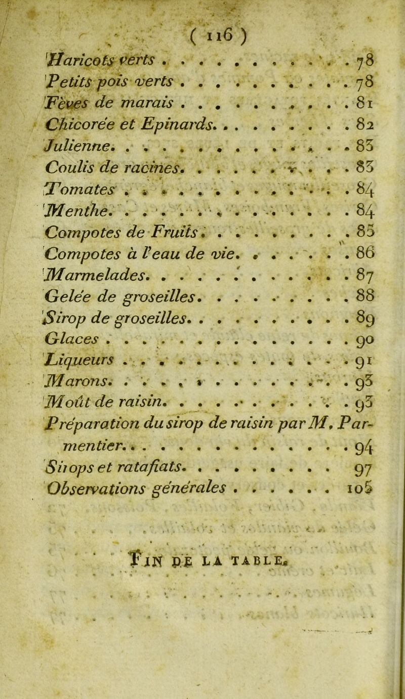 ( 11(5 ) 1Haricots verts . 78 Petits pois verts .78 Fèves de marais ,...81 Chicorée et Epinards. 82 Julienne ••,•«*.•83 Coulis de racines -v ... 83 .. •• fd1 ornâtes »•*■».. • •#. » • • Menthè; . . * . .... . . .84 Compotes de Fruits. 85 Compotes à Veau de vie. » ..... 86 'Marmelades 87 Gelée de groseilles 88 Sirop de groseilles 89 Glaces 90 Liqueurs .......91 Marons. . . . , » . . . . . .98 Moût de raisin • . . . . . .95 Préparation du sirop de raisin par M, Par- mentier. 94 Sirops et ratafiats 97 Observations générales io§> ' . . * ' v.». .y. .Y t,*\ * ’ * . * - . . ;. , ■ ■ ' • fjN PP LA TABLE,