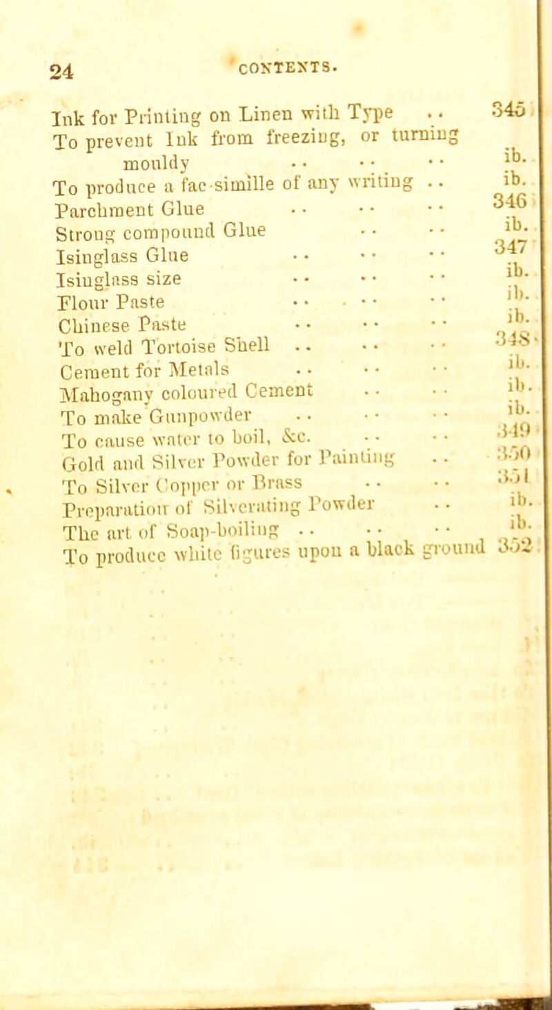 'COKTEXTS. Ink for Printing on Linen witli T3-pe To prevent Ink from freezing, or turning mouldy • • •; _ To produce a fac simille of any writing .. Parchment Glue Strong compound Glue Isinglass Glue Isinglass size Flour Paste • • ■ • ■ Chinese Paste To weld Tortoise Shell .. Cement for Metals Mahogany coloured Cement To make Gunpowder To cause water to boil, &c. Gold and Silver Powder for Painting To Silver Coiipcr or Brass Preparation ol Silveraling Powder The art of Soap-boiling To produce white (igures upon a black giottud 345. ib. ib. 346 ib. 347 ib. ib. ib. 3IS> ib. ib. ib. ;t lP • .3.00 :kll ib. ib. 3.02