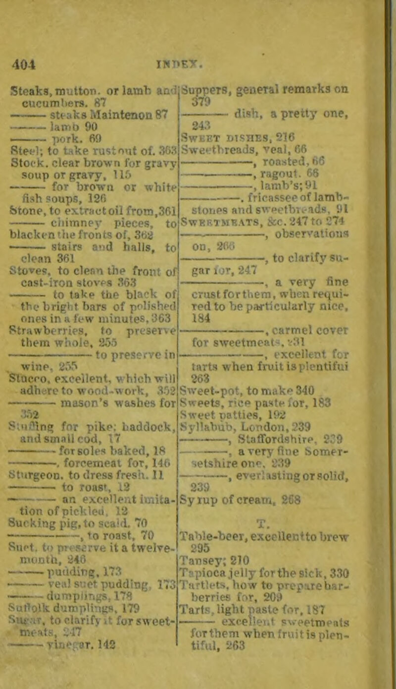 Steaks, mutton, or lamb and cucumbers. 87 steaks Main tenon 87 lamt) 90 • pork, fi!) Steel; to take rust out of. 303 Stock, clear brown for gravy soup or gravy, 115 for brown or white fish soups, 120 Stone, to extract oil from,301 chimney pieces, to blacken'lie fronts of, 362 • stairs and halls, to clean 361 Stoves, to clean the front of cast-iron stoves 363 to lake the black of the bright bars of polished ones in a few minutes, 363 Strawberries, to presen e them whole, 255 to preserve in wine, 255 Stucco, excellent, which will adhere to wood-work, 302 mason’s washes for 352 Spiffing for pike: haddock, and small cod, 17 for soles baked, 18 . forcemeat for, 146 Sturgeon, to dress fresh. 11 — to roast, 12 — an excellent imita- tion of pickleu. 12 Sucking pig, to scald. 70 , to roast, 70 Suet, to preserve it a twelve- month, 240 pudding, 173 — veal suet pudding 173 dumplings, 178 Sutfolk dumplings, 179 Sueur, to clarify.' for sweet- meats, 347 rinegoT. 142 Suppers, general remarks on 379 dish, a pretty one, 243 Sweet DtSHES, 216 Sweetbreads, veal, 66 , roasted, 66 ragout. 68 , lamb’s; 91 . fricassee of lamb- stones and sweetbreads, 91 Sweetmeats, &c. 247 to 274 observations on, 266 gar for, 217 , to clarify su- a very fine crust forthem, when requi- red to be particularly nice, 184 , carmel cover for sweetmeats v31 excellent for tarts when fruit is plentiful 263 Sweet-pot, to make 340 Sweets, rice paste for, 183 Sweet patties, 192 Syllabub, London, 239 , Staffordshire, 239 -, a very fine Somer- setshire one. 239 , everlasting or solid, 239 Syrup of cream, 268 T. Table-beer, excellent to brew 295 Tansey; 210 Tapioca jelly forthe9lck, 330 Tartlets, how to prepare bar- berries for, 209 Tarts, light paste for, 187 excellent sweetmeats forthem when fruit is plen- tiful, 263