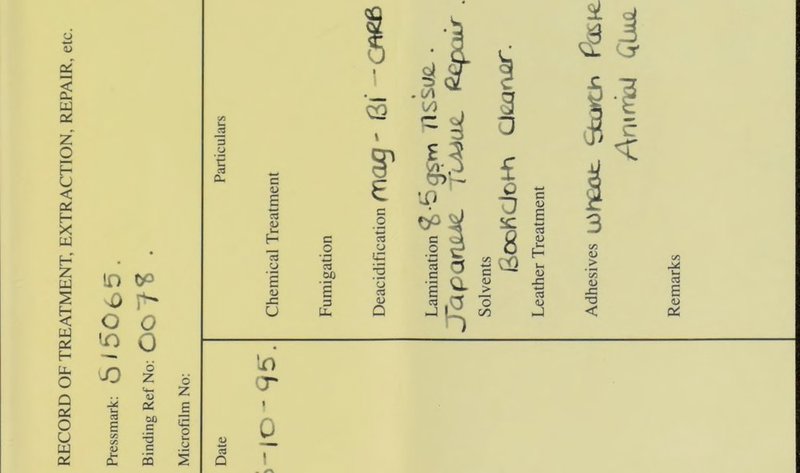RECORD OF TREATMENT, EXTRACTION, REPAIR, etc. ID tP sO ^ 0 o ^ o JD £ <4-. D 1 c M — vi a <d .£ £ £ Vi L i2 3 O C 3 Pm c D E *—> <D •— H 13 o £ <u JQ U c .2 c3 .5? £ 3 u- o 2 G o u- O s a> c3 Q IT) cr 0 Deacidification Lamination /ISSUfi. . Japawae. Tlaujul £cp Solvents