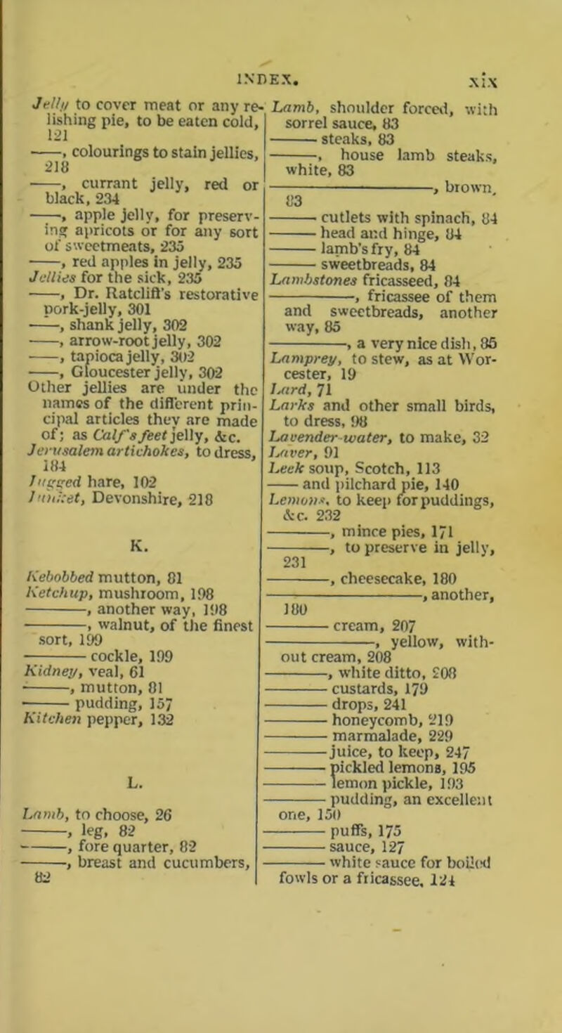 Jell// to cover meat or any re- lishing pie, to be eaten cold, , colourings to stain jellies, 218 , currant jelly, red or black, 234 , apple jelly, for preserv- ing apricots dr for any sort of sweetmeats, 235 , red apples in jelly, 235 Jellies for the sick, 235 , Dr. Ratcliffs restorative pork-jelly, 301 , shank jelly, 302 , arrow-root jelly, 302 , tapioca jelly, 302 , Gloucester jelly, 302 Other jellies are under the names of the different prin- cipal articles thev are made of; as Calf's feet jelly, &c. Jerusalem artichokes, to dress. 184 Jumped hare, 102 Junket, Devonshire, 218 K. Lamb, shoulder forced, with sorrel sauce, 83 steaks, 83 , house lamb steaks, white, 83 , brown. 83 cutlets with spinach, 84 head and hinge, 84 lamb's fry, 84 sweetbreads, 84 Lamhstones fricasseed, 04 , fricassee of them and sweetbreads, another way, 85 , a very nice dish, 85 Lamprey, to stew, as at Wor- cester, 19 iMrd, 71 Larks and other small birds, to dress, 98 Lavender water, to make, 32 I Aver, 91 Leek soup, Scotch, 113 and pilchard pie, 140 Lemons, to keep forpuddings, & c. 232 , mince pies, 171 , to preserve in jelly, 231 Kebobbed mutton, 01 Ketchup, mushroom, 198 , another way, 198 , walnut, of the finest sort, 199 cockle, 199 Kidney, veal, 61 , mutton, 81 pudding, 157 Kitchen pepper, 132 L. Lamb, to choose, 26 , leg, 82 , fore quarter, 82 ■, breast and cucumbers. 180 cheesecake, 180 , another, cream, 207 , yellow, with- out cream, 208 , white ditto, 208 custards, 179 drops, 241 honeycomb, 219 marmalade, 229 juice, to keep, 247 pickled lemons, 195 lemon pickle, 193 pudding, an excellent one, 150 puffs, 175 sauce, 127 white sauce for boiled fowls or a fricassee, 124 82