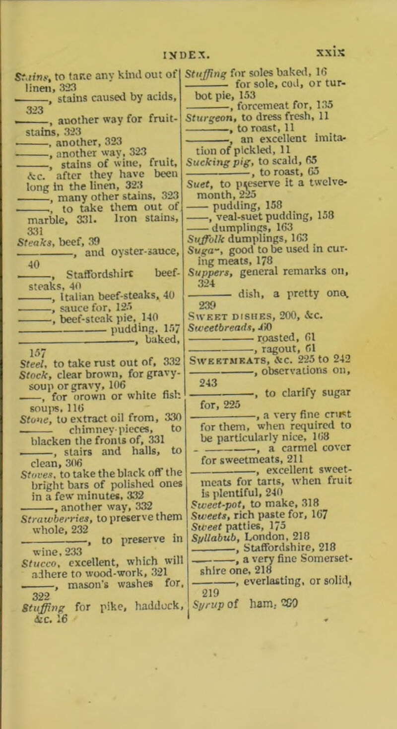 Sr.tins, to tnr.e any kind out of linen, 323 , . , stains caused by acids, 323 , , . . , another way for fruit- stains, 323 , another, 323 , another way, 323 , stains of wine, fruit, <kc. after they have been long in the linen, 323 , many other stains, 323 , to take them out of marble, 331. Iron stains, 331 Steaks, beef, 39 , and oyster-sauce, 40 , , , Staffordshire beef- steaks, 40 , Italian beef-steaks, 40 , sauce for, 125 , beef-steak pie, .140 pudding, l.iy baked, 157 Steel, to take rust out of, 332 Stack, clear brown, for gravy- soup orgravv, 106 , for orown or white fish soups. 116 Stone, to extract oil from, 330 chimney-pieces, to blacken the fronts of, 331 . , stairs and halls, to clean, 306 Staves, to take the black off the bright bars of polished ones in a few minutes, 332 , another way, 332 Strawberries, to preserve them whole, 232 , to preserve m wine,233 Stucco, excellent, which will adhere to wood-work, 321 , mason's washes for. 322 Stuffing for pike, haddock, &c. 16 Stuffing for soles baked, 16 — for sole, cod, or tur- bot pie, 153 , forcemeat for, 135 Sturgeon, to dress fresh, 11 , to roast, 11 , an excellent imita- tion of pickled, 11 Sucking pig, to scald, 65 , to roast, 65 Suet, to preserve it a twelve- month, 225 pudding, 158 , veal-suet pudding, 158 dumplings, 163 Suffolk dumplings, 163 Suga-, good to be used in cur- ing meats, 178 Suppers, general remarks on, 324 dish, a pretty one, 239 Sweet dishes, 200, &c. Sweetbreads, -00 roasted, 61 , ragout, 61 Sweetmeats, he. 225 to 242 , observations on, 243 , to clarify sugar for, 225 — , a very fine crust for them, when required to be particularly nice, 168 , a carmel cover for sweetmeats, 211 , excellent sweet- meats for tarts, when fruit is plentiful, 240 Suect-pot, to make, 318 Sweets, rich paste for, 167 Sweet patties, 175 SpUabub, London, 218 , Staffordshire, 218 , a very fine Somerset- shire one, 218 , everlasting, or solid, 219 Syrup of ham.- 2C0