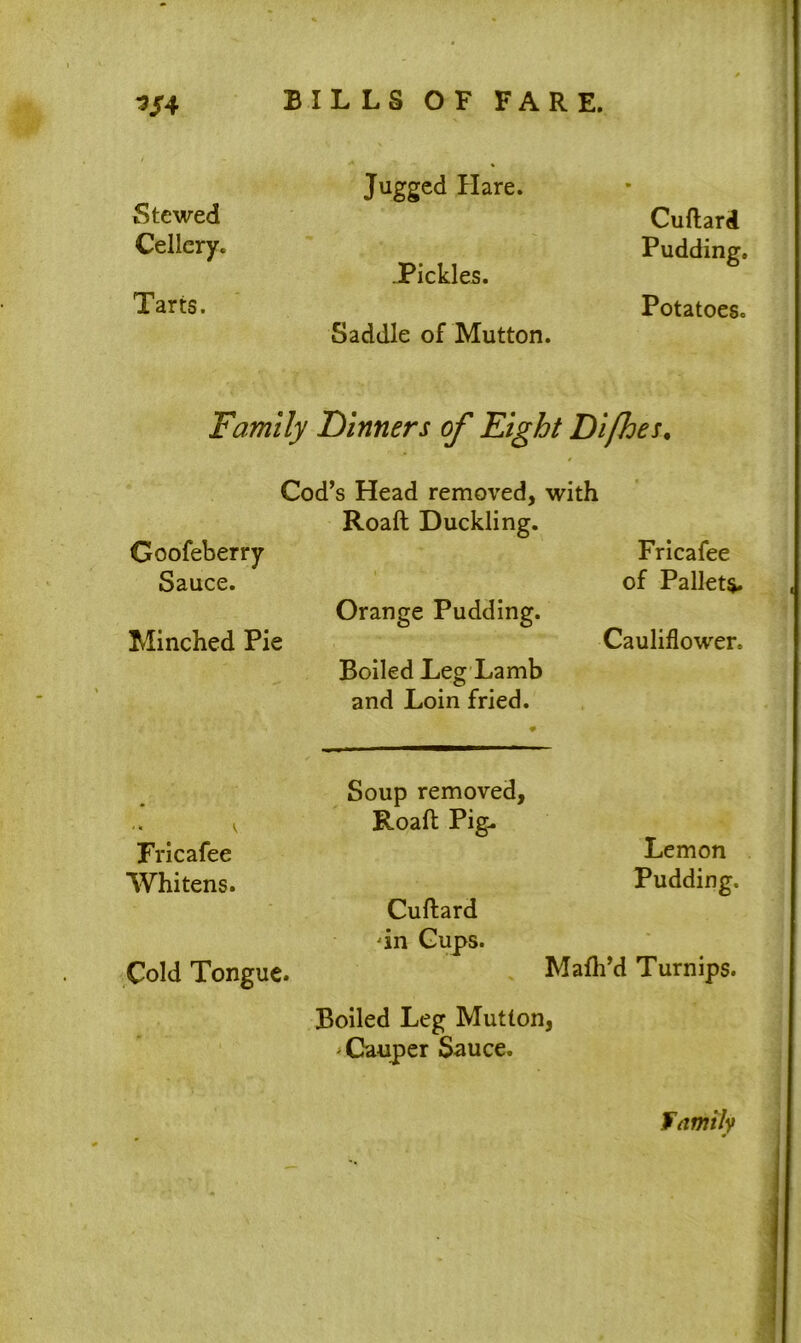 Stewed Cellery. Tarts. Jugged Hare. .Pickles. Saddle of Mutton. Cuftard Pudding. Potatoes. Family Firmers of Fight Difhes. Goofeberry Sauce. Cod’s Head removed, with Roaft Duckling. Fricafee of Pallets. Orange Pudding. Minched Pie Cauliflower. Boiled Leg Lamb and Loin fried. Fricafee Whitens. Cold Tongue. Soup removed, Roaft Pig- Lemon Pudding. Cuftard dn Gups. Mafli’d Turnips. Boiled Leg Mutton, - Cauper Sauce. Family