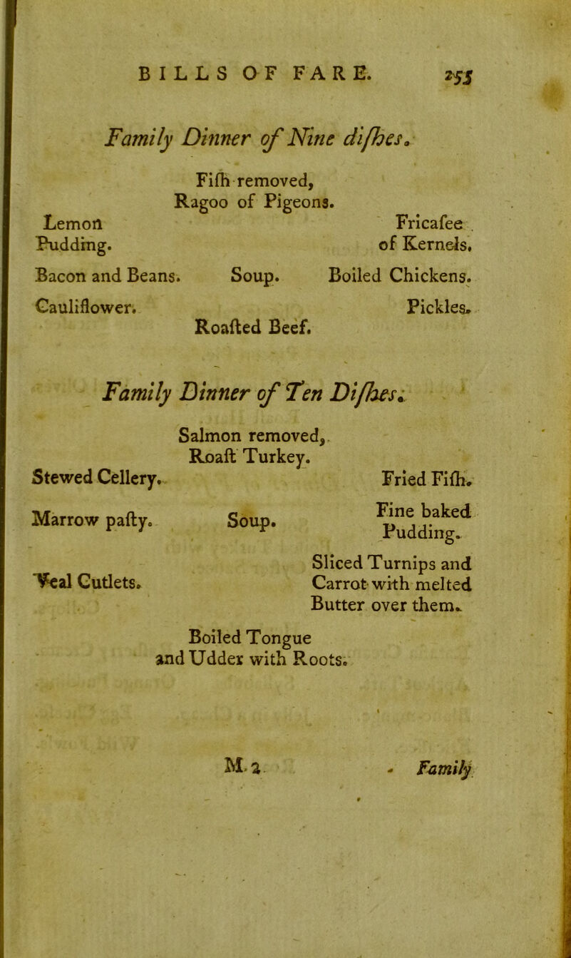 25J Family Dinner of Nine difoes„ Fifh removed, Ragoo of Pigeons. Lemon Fricafee Pudding. of Kernels. Bacon and Beans. Soup. Boiled Chickens. Cauliflower. Pickles. Roatted Beef. Family Dinner of Fen Diflies. Salmon removed, Roaft Turkey. Stewed Cellery. Fried Fifh, Marrow patty. ^eal Cutlets. Soup. Fine baked Pudding. Sliced Turnips and Carrot with melted Butter over them. Boiled Tongue and Udder with Roots. M.r - Family