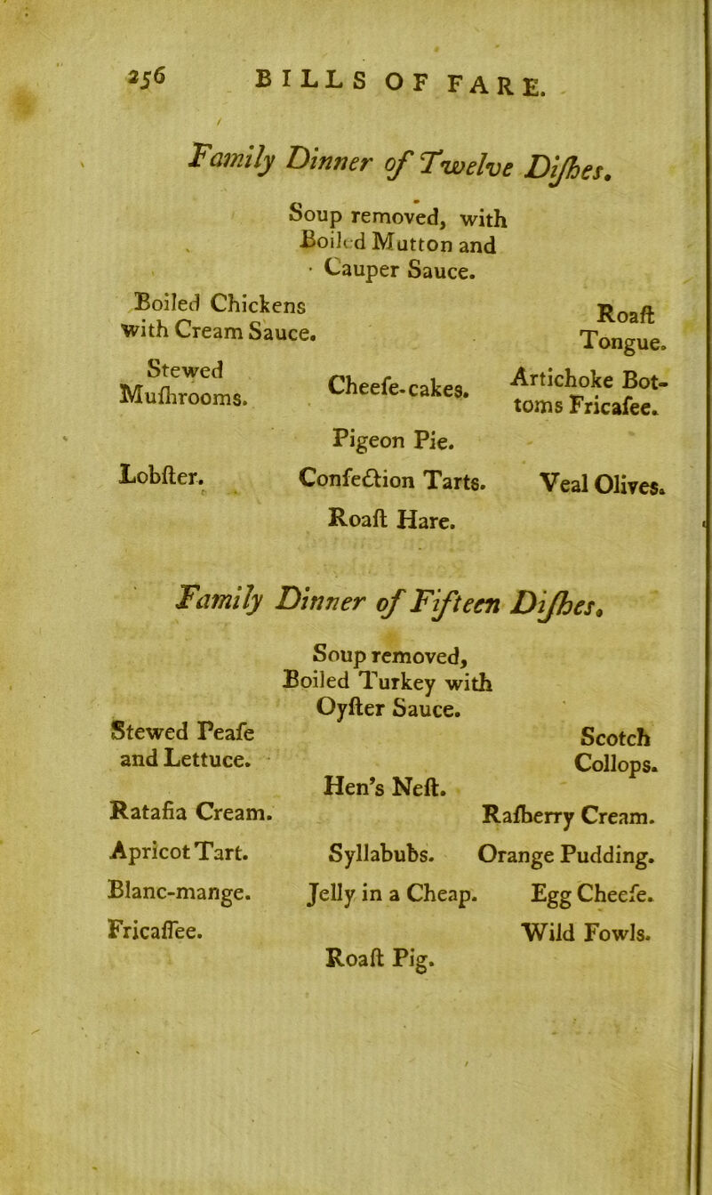 Family Dinner of twelve Dijhes. Soup removed, with Boiled Mutton and • Cauper Sauce. Boiled Chickens with Cream Sauce. Stewed Mufhrooms. Cheefe. cakes. Roaft Tongue. Artichoke Bot- toms Fricafee. Pigeon Pie. Lobfter. Confection Tarts. Veal Olives. Roaft Hare. Family Dinner of Fifteen Dijhes♦ Soup removed. Boiled Turkey with Oyfter Sauce. Stewed Peafe Scotch and Lettuce. Ratafia Cream. Apricot Tart. Blanc-mange. Fricafiee. Hen’s Neft. Syllabubs. Jelly in a Cheap Roaft Pig. Collops. Rafberry Cream. Orange Pudding. Egg Cheefe. Wild Fowls.