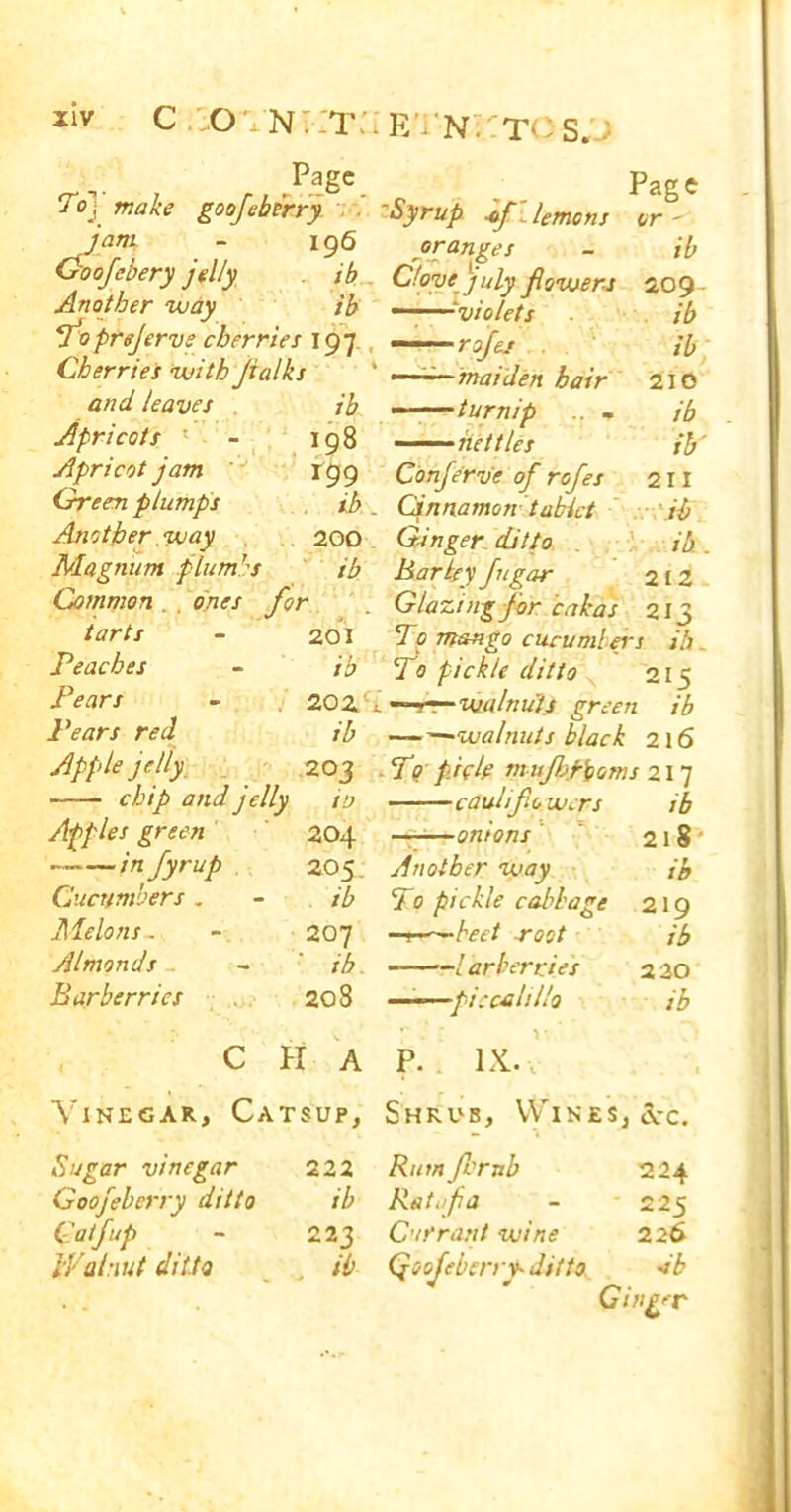 Page Toj make goofeberry jam - 196 Goofebery jelly ib Another way ib joprejervs cherries 197 Cherries with Jialks and leaves ib Apricots - 198 Apricot jam 199 Green plumps ib . Another way 200 Magnum plumbs ib Common ones for tarts - 201 Peaches - ib Pears - 20 z\ Pears red ib Apple jelly 203 Page 'Syrup hf. lemons or - oranges C!oye July flowers ——■'violets rojes ....... maiden hair —■—turnip .. m nettles Confer v'e. of rofes Cinnamon tablet Ginger ditto Parky figar Glazing for cabas d o mango cucumbers To pickle ditto 215 walnuts green ib walnuts black 216 ib 209 ib ib 210 ib ib' 211 .■Jib ib. 212 213 /A. chip and jelly in cauliflowers ib Apples green 204 ——onions 218 —■ — infyrup 205 Another way ib Cucumbers. ib To pickle cabbage 219 Melons - 207 —r~-~beet root ib Almonds . ib. ! ar berries 2 30 Barberries 208 ——pi :cah Ho ib C H A P. IX., Vinegar, Cat SUP, Shrub, Wines, &c. Sugar vinegar 222 Rum frrrtb 224 Goofeberry ditto ib Ratafia - 225 Coif up 223 Currant wine 226 Walnut ditto , ib Qoofeberry* ditto <b Ginger