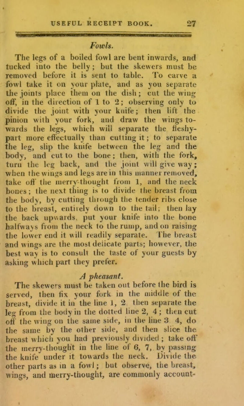 Fowls. The legs of a boiled fowl are bent inwards, and tucked into the belly; but the skewers must be removed before it is sent to table. To carve a fowl take it on your plate, and as you separate the joints place them on the dish; cut the wing off, in the direction of 1 to 2; observing only to divide the joint with your knife; then lift the pinion with your fork, and draw the wings to- wards the legs, which will separate the fieshy- part more effectually than cutting it; to separate the leg, slip the knife between the leg and the body, and cut to the bone; then, with the fork, turn the leg back, and the joint will give way; when the wings and legs are in tins mannei removed, take oft’ the merry-thought from 1, and the neck bones; the next thing is to divide the breast from the body, bv cutting through the tender ribs close to the breast, entirely down to the tail; then lay the back upwards, put your knife into the bone halfways from the neck to the rump, and on raising the lower end it will readily separate, l ire breast and w ings are the most delicate parts; however, the best way is to consult the taste of your guests by asking which part they prefer. A pheasant. The skewers must be taken out before the bird is served, then lix your fork in the middle of the breast, divide it in the line 1, 2 then separate the leg from the body in the dotted line 2, 4; then cut oft the wing on the same side, in the line 3 4, do the same by the other side, and then slice the breast which you had previously divided ; take off the merry-thought in the line of 6, 7, by passing the knife under it towards the neck. Divide the other parts as in a fowl; but observe, tiie breast, wings, and merry-thought, are commonly account-