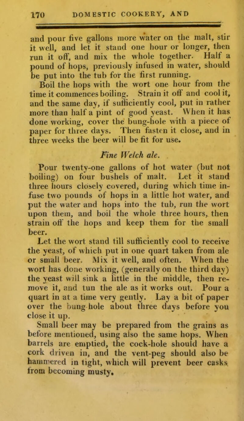 and pour five gallons more water on the malt, stir it well, and let it stand one hour or longer, then run it off, and mix the whole together. Half a pound of hops, previously infused in water, should be put into the tub for the first running. Boil the hops with the wort one hour from the time it commences boiling. Strain it off and cool it, and the same day, if sufficiently cool, put in rather more than half a pint of good yeast. When it has done working, cover the bung-hole with a piece of paper for three days. Then fasten it close, and in three weeks the beer will be fit for use. Fine Welch ale. Pour twenty-one gallons of hot water (but not boiling) on four bushels of malt. Let it stand three hours closely covered, during which time in- fuse two pounds of hops in a little hot w'ater, and put the water and hops into the tub, run the wort upon them, and boil the whole three hours, then strain off the hops and keep them for the small beer. Let the wort stand till sufficiently cool to receive the yeast, of which put in oue quart taken from ale or small beer. Mix it well, and often. When the wort has done working, (generally on the third day) the yeast will sink a little in the middle, then re- move it, and tun the ale as it works out. Pour a quart in at a time very gently. Lay a bit of paper over the bung hole about three days before you close it up. Small beer may be prepared from the grains as before mentioned, using aiso the same hops. When barrels are emptied, the cock-hole should have a cork driven in, and the vent-peg should also be hammered in tight, which will prevent beer casks, from becoming musty.