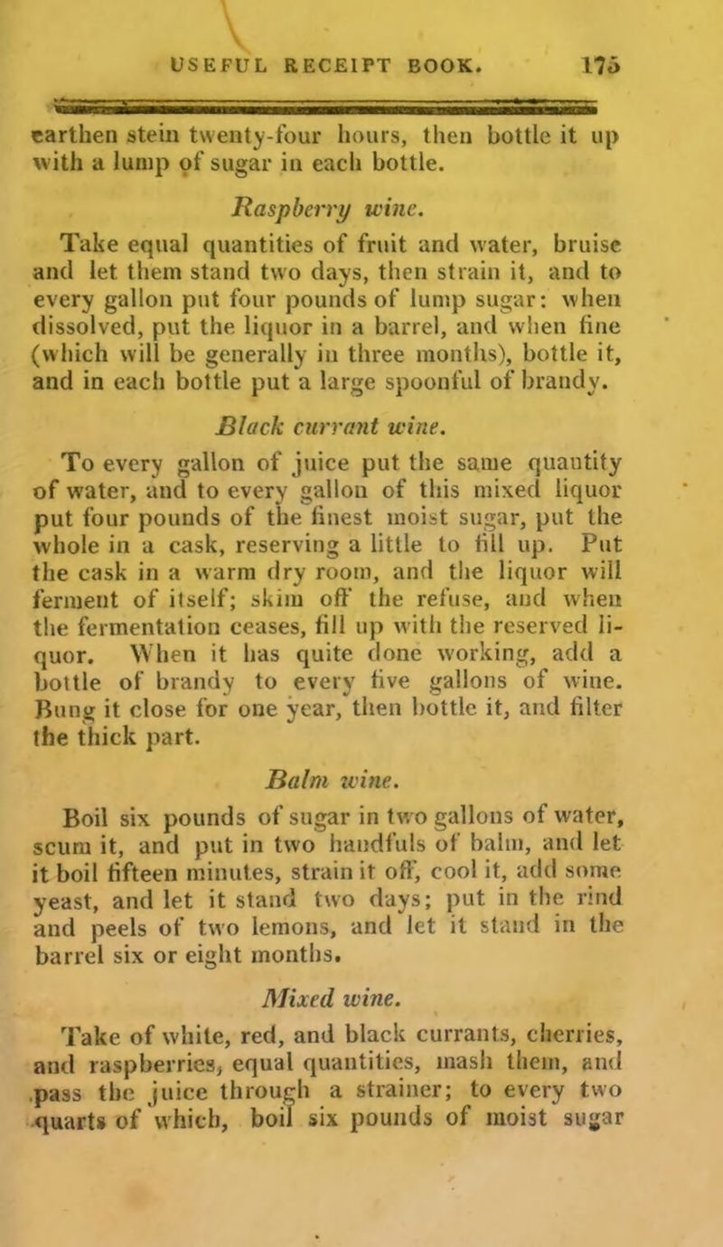 earthen stein twenty-four hours, then bottle it up with a lump of sugar in each bottle. Raspberry wine. Take equal quantities of fruit and water, bruise and let them stand two days, then strain it, and to every gallon put four pounds of lump sugar: when dissolved, put the liquor in a barrel, and when line (which will be generally in three months), bottle it, and in each bottle put a large spoonful of brandy. Black currant wine. To every gallon of juice put the same quautity of water, and to every gallon of this mixed liquor put four pounds of the finest moist sugar, put the whole in a cask, reserving a little to fill up. Put the cask in a warm dry room, and the liquor will ferment of itself; skim off the refuse, and when the fermentation ceases, fill up with the reserved li- quor. When it has quite done working, add a bottle of brandy to every five gallons of wine. Bung it close for one year, then bottle it, and filter the thick part. Balm wine. Boil six pounds of sugar in two gallons of water, scum it, and put in two handfuls of balm, and let it boil fifteen minutes, strain it off, cool it, add some yeast, and let it stand two days; put in the rind and peels of two lemons, and let it stand in the barrel six or eight months. Mixed ivine. \ Take of white, red, and black currants, cherries, and raspberries, equal quantities, mash them, and pass the juice through a strainer; to every two quarts of Which, boil six pounds of moist sugar