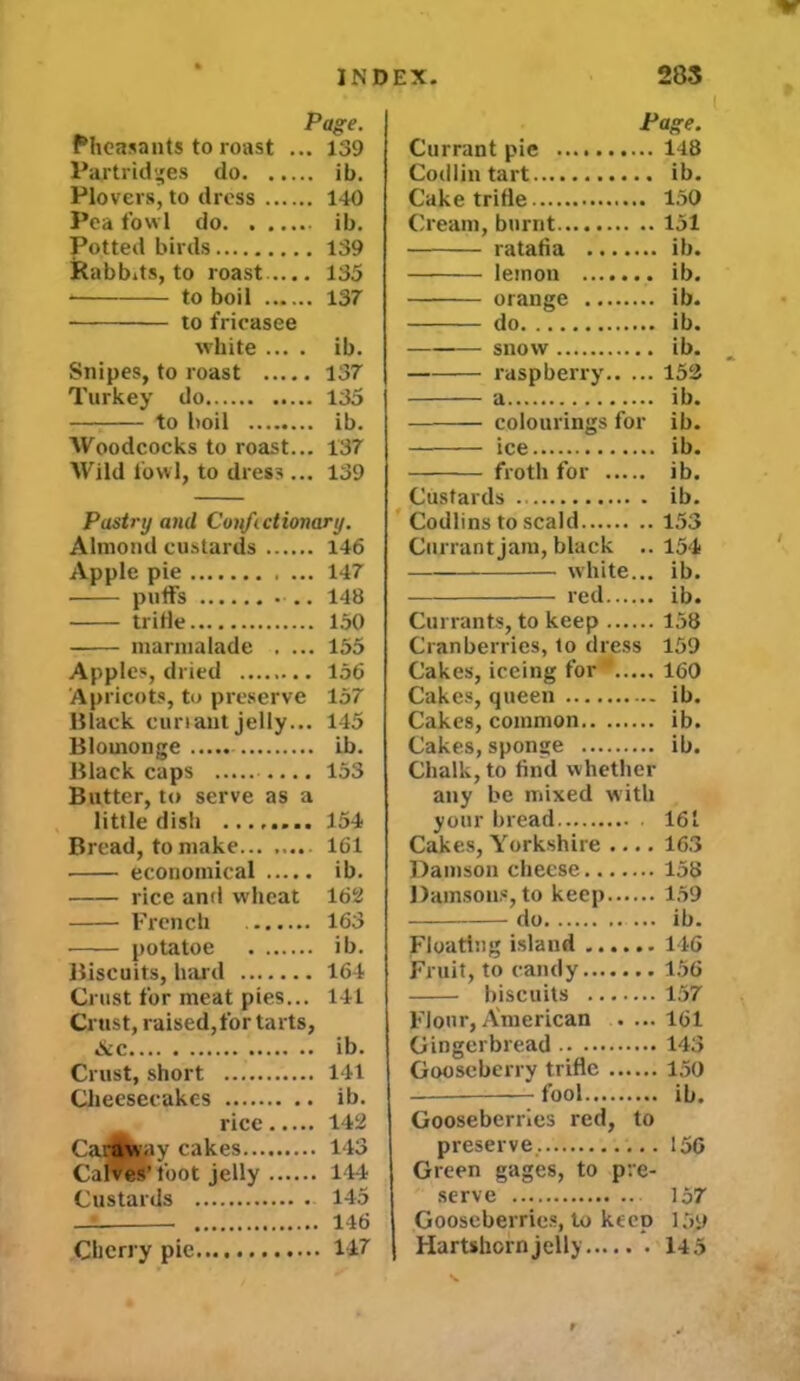 IND Pheasants to roast ... 139 Partridges do ib. Plovers, to dress 140 Pea fowl do ib. Potted birds 139 Rabbits, to roast 135 to boil 137 to frieasee white ... . ib. Snipes, to roast 137 Turkey do 135 to boil ib. Woodcocks to roast... 137 Wild fowl, to dress ... 139 Pastry and Confictionary. Almond custards 146 Apple pie 147 puffs 148 marmalade . ... 155 Apples, dried ........ 156 Apricots, to preserve 157 Black cunant jelly... 145 Blomonge ib. Black caps 153 Butter, to serve as a little dish 154 Bread, to make 161 economical ib. rice and wheat 162 French 163 potatoe ib. Biscuits, hard 164 Crust for meat pies... 141 Crust, raised, for tarts, &c ib. Crust, short 141 Cheesecakes ib. rice 142 Carlway cakes 143 Calves’ foot jelly 144 Custards 145 146 Cherry pie 147 EX. 285 I Page. Currant pie 148 Codiin tart ib. Cake trifle 150 Cream, burnt 151 ratafia ib. lemon ib. orange ib. do ib. snow ib. raspberry 152 a ib. colourings for ib. ice ib. froth for ib. Custards ib. Codlins to scald 153 Currant jam, black ..154 white... ib. red ib. Cranberries, to dress 159 Cakes, iceing for* 160 Cakes, queen ib. Cakes, common ib. Cakes, sponge ib. Chalk, to find whether any be mixed with your bread 161 Cakes, Yorkshire .... 163 Damson cheese 158 Damsons, to keep 159 do ib. Floating island 146 Fruit, to candy 156 biscuits 157 Flour, American ....161 Gingerbread 143 Gooseberry trifle 150 fool ib. Gooseberries red, to preserve, 156 Green gages, to pre- serve 157 Gooseberries, to keep 159 Hartshorn jelly 145 I
