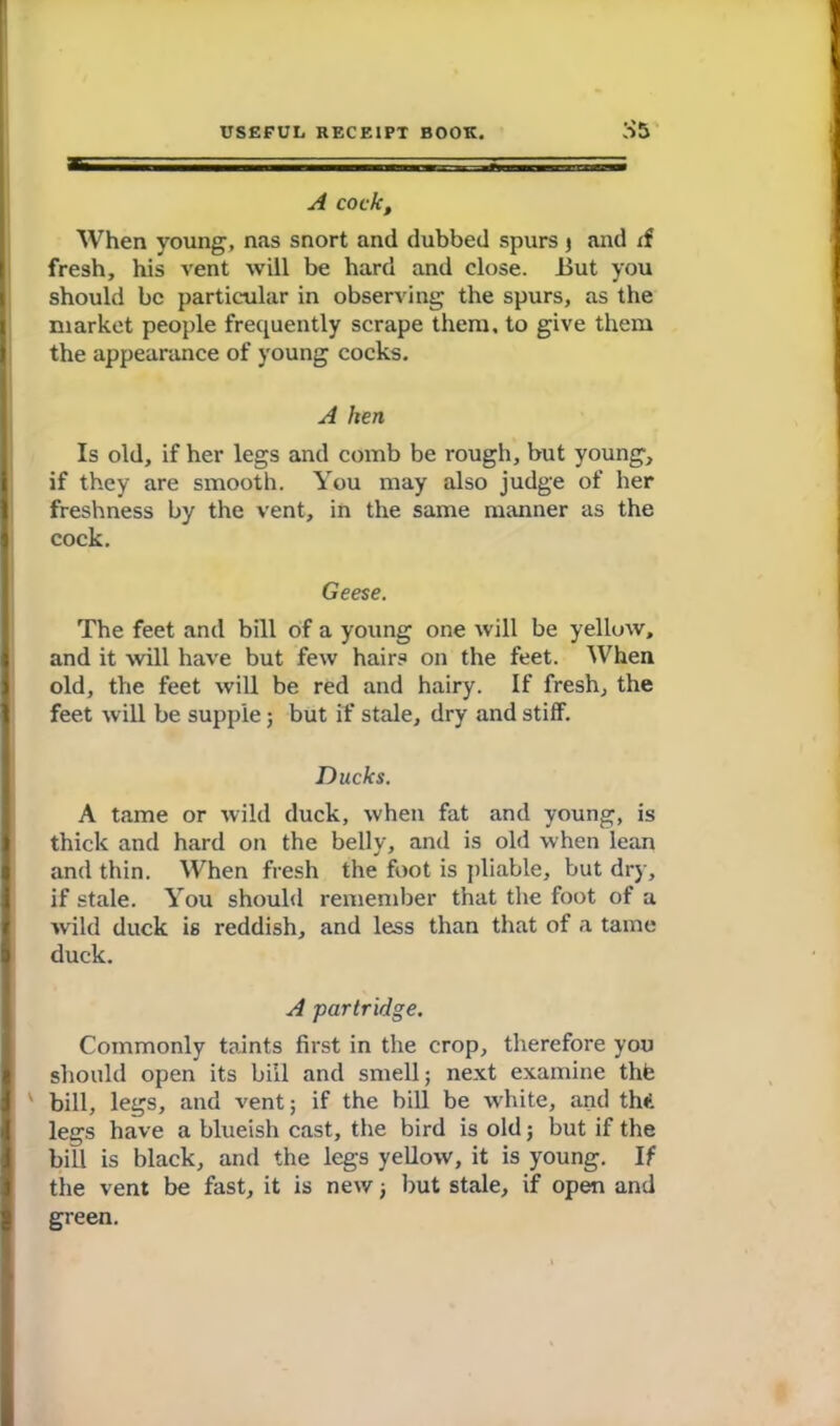 A cock. When young, nas snort and dubbed spurs j and if fresh, his vent will be hard and close. 13ut you should be particular in observing the spurs, as the market people frequently scrape them, to give them the appearance of young cocks. A hen Is old, if her legs and comb be rough, but young, if they are smooth. You may also judge of her freshness by the vent, in the same manner as the cock. Geese. The feet and bill of a young one will be yellow, and it will have but few hairs on the feet. When old, the feet will be red and hairy. If fresh, the feet will be supple; but if stale, dry and stiff. Ducks. A tame or wild duck, when fat and young, is thick and hard on the belly, and is old when lean and thin. When fresh the foot is pliable, but dry, if stale. You should remember that the foot of a wild duck is reddish, and less than that of a tame duck. A partridge. Commonly taints first in the crop, therefore you should open its bill and smell; next examine thfe v bill, legs, and vent; if the bill be white, and thii legs have a blueish cast, the bird is old; but if the bill is black, and the legs yellow, it is young. If the vent be fast, it is new; but stale, if open and green.