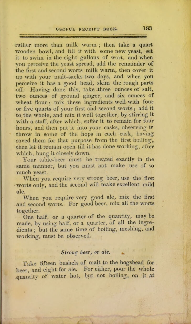 rather more than milk warm ; then take a quart wooden bowl, and fill it with some new yeast, set it to swim in the eight gallons of wort, and when you perceive the yeast spread, add the remainder of the first and second worts milk warm, then cover it up with your malt-sacks two days, and when you perceive it has a good head, skim the rough parts off. Having done this, take three ounces of salt, two ounces of ground ginger, and six ounces of wheat flour; mix these ingredients w ell with four or five quarts of your first and second worts; add it to the whole, and mix it well together, by stirring it with a staff, after which, suffer it to remain for four hours, and then put it into your casks, observing t? throw in some of the hops in each cask, having saved them for that purpose from the first boiling; then let it remain open till it has done working, after which, bung it closely down. Your table-beer must be treated exactly in the same manner, but you must not make use of so much yeast. When you require very strong beer, use the first worts only, and the second will make excellent mild ale. When you require very good ale, mix the first and second worts. For good beer, mix all the worts together. One half, or a quarter of the quantity, may be made, by using half, or a quarter, of all the ingre- dients ; but the same time of boiling, meshing, and working, must be observed. Strong beer, or ale. ^ Take fifteen bushels of malt to the hogshead for beer, and eight for ale. For either, pour the whole quantity of water hot, but not boiling, on it at