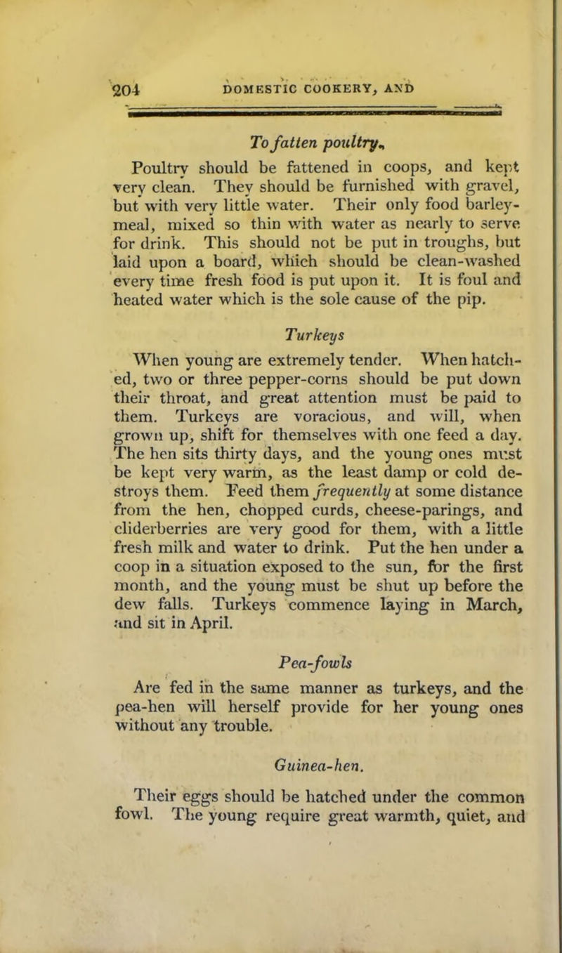 To fatten poultry, Poultry should be fattened in coops, and kept very clean. They should be furnished with gravel, but with very little water. Their only food barley- meal, mixed so thin with water as nearly to serve for drink. This should not be put in troughs, but laid upon a board, which should be clean-washed every time fresh food is put upon it. It is foul and heated water which is the sole cause of the pip. Turkeys When young are extremely tender. When hatch- ed, two or three pepper-corns should be put down their throat, and great attention must be paid to them. Turkeys are voracious, and will, when grown up, shift for themselves with one feed a day. The hen sits thirty days, and the young ones must be kept very warm, as the least damp or cold de- stroys them. Peed them frequently at some distance from the hen, chopped curds, cheese-parings, and cliderberries are very good for them, with a little fresh milk and water to drink. Put the hen under a coop in a situation exposed to the sun, for the first month, and the young must be shut up before the dew falls. Turkeys commence laying in March, and sit in April. Pea-fowls Are fed in the same manner as turkeys, and the pea-hen will herself provide for her young ones without any trouble. Guinea-hen. Their eggs should be hatched under the common fowl. The young require great warmth, quiet, and