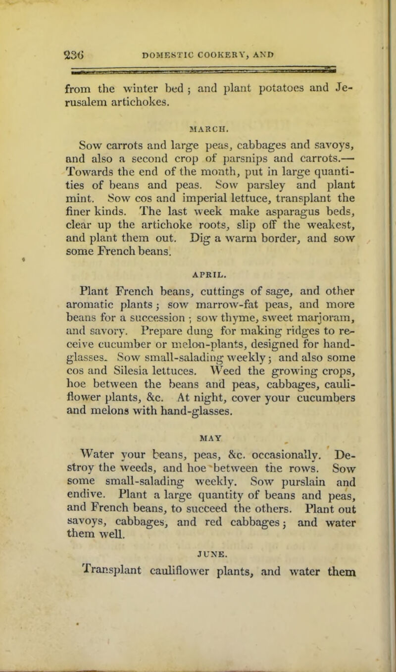 from the winter bed ; and plant potatoes and Je- rusalem artichokes. MARCH. Sow carrots and large peas, cabbages and savoys, and also a second crop of parsnips and carrots.— Towards the end of the month, put in large quanti- ties of beans and peas. Sow parsley and plant mint. Sow cos and imperial lettuce, transplant the finer kinds. The last week make asparagus beds, clear up the artichoke roots, slip off the weakest, and plant them out. Dig a warm border, and sow some French beans. APRIL. Plant French beans, cuttings of sage, and other aromatic plants ; sow marrow-fat peas, and more beans for a succession ; sow thyme, sweet marjoram, and savory. Prepare dung for making ridges to re- ceive cucumber or melon-plants, designed for hand- glasses. Sow small-salading weekly5 and also some cos and Silesia lettuces. Weed the growing crops, hoe between the beans and peas, cabbages, cauli- flower plants, &c. At night, cover your cucumbers and melons with hand-glasses. MAY Water your beans, peas, &c. occasionally. De- stroy the weeds, and hoe'between the rows. Sow some small-salading weekly. Sow purslain and endive. Plant a large quantity of beans and peas, and French beans, to succeed the others. Plant out savoys, cabbages, and red cabbages 3 and water them well. JUNK. Transplant cauliflower plants, and water them