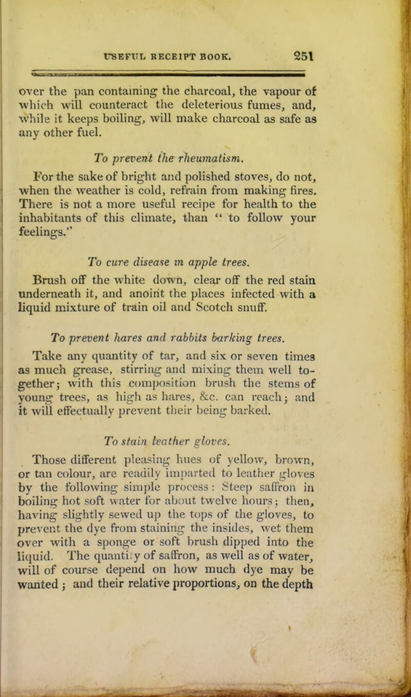 over the pan containing the charcoal, the vapour of which will counteract the deleterious fumes, and, while it keeps boiling, will make charcoal as safe as any other fuel. ... To prevent the rheumatism. For the sake of bright and polished stoves, do not, when the weather is cold, refrain from making fires. There is not a more useful recipe for health to the inhabitants of this climate, than “ to follow your feelings.” To cure disease m apple trees. Brush off the white down, clear off the red stain underneath it, and anoint the places infected with a liquid mixture of train oil and Scotch snuff. To prevent hares and rabbits bar Icing trees. Take any quantity of tar, and six or seven times as much grease, stirring and mixing them well to- gether ; with this composition brush the stems of young trees, as high as hares, &c. can reach; and it will effectually prevent their being barked. To stain leather gloves. Those different pleasing hues of yellow, brown, or tan colour, are readily imparted to leather gloves by the following simple process: .^teep saffron in boiling hot soft water for about twelve hours; then, having slightly sewed up the tops of the gloves, to prevent the dye from staining the insides, wet them over with a sponge or soft brush dipped into the liquid. The quanti.y of saffron, as well as of water, will of course depend on how much dye may be wanted ; and their relative proportions, on the depth