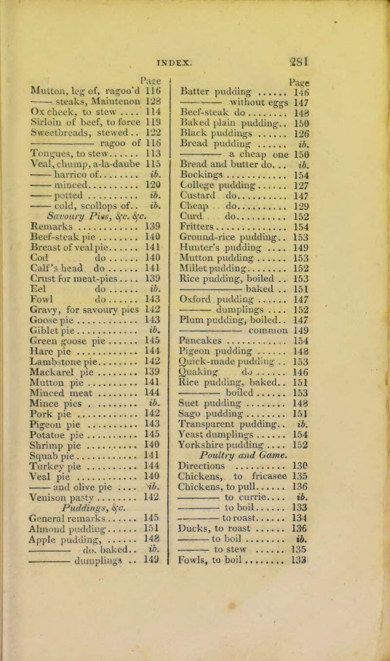 Page Mutton, leg of, ragoo’d 116 steaks, Maintcnon 128 Ox cheek, to stew .... 114 Sirloin of beef, to force 119 Sweetbreads, stewed .. 122 ragoo of 116 Tongues, to stew 113 Veal, chump, a-la-daube 115 harrico of ib. minced 120 potted ib. cold, scollops of.. ib. Savoury Pits, Sfc. Sfc. Remarks 139 Beef-steak pie 140 Breast of veal pie 141 Cod do 140 Calf’s head do 141 Crust for meat-pies.... 139 Eel do ib. Fowl do 143 Gravy, for savoury pies 142 Goose pie 143 Giblet pie ib. Green goose pie 145 Hare pie 144 Lambstone pie 142 Mackarel pie 139 Mutton pie 141 Miuced meat 144 Mince pies ib. Pork pie 142 Pigeon pie 143 Potatoe pie 145 Shrimp pie 140 Squab pie 141 Turkey pie 144 Veal pie 140 and olive pie .... 'ib. Venison pasty 142 Puddings, ifc. General remarks 145 Almond pudding 151 Apple pudding, 148 do. baked.. ib. dumplings .. 149 Page Batter pudding 146 without eggs 147 Beef-steak do 148 Baked plain pudding.. 150 Black puddings 126 Bread pudding ib. a cheap one 150 Bread and butter do. .. ib. Bookings 154 College pudding 127 Custard do 147 Cheap do 129 Curd do 152 Fritters 154 Ground-rice pudding.. 153 Hunter’s pudding .... 149 Mutton pudding 153 Millet pudding 152 Rice pudding, boiled .. 153 baked .. 151 Oxford pudding 147 dumplings 152 Plum pudding, boiled.. 147 common 149 Pancakes 154 Pigeon pudding 148 Quick-made pudding .. 153 Quaking do 146 Rice pudding, baked.. 151 boiled 153 Suet pudding 148 Sago pudding 151 Transparent pudding.. ib. Yeast dumplings 154 Yorkshire pudding .... 152 Poultry and Game. Directions 130 Chickens, to fricasee 135 Chickens, to pull 136 to currie ib. to boil 133 to roast 134 Ducks, to roast 136 to boil ib. to stew 135 Fowls, to boil 133