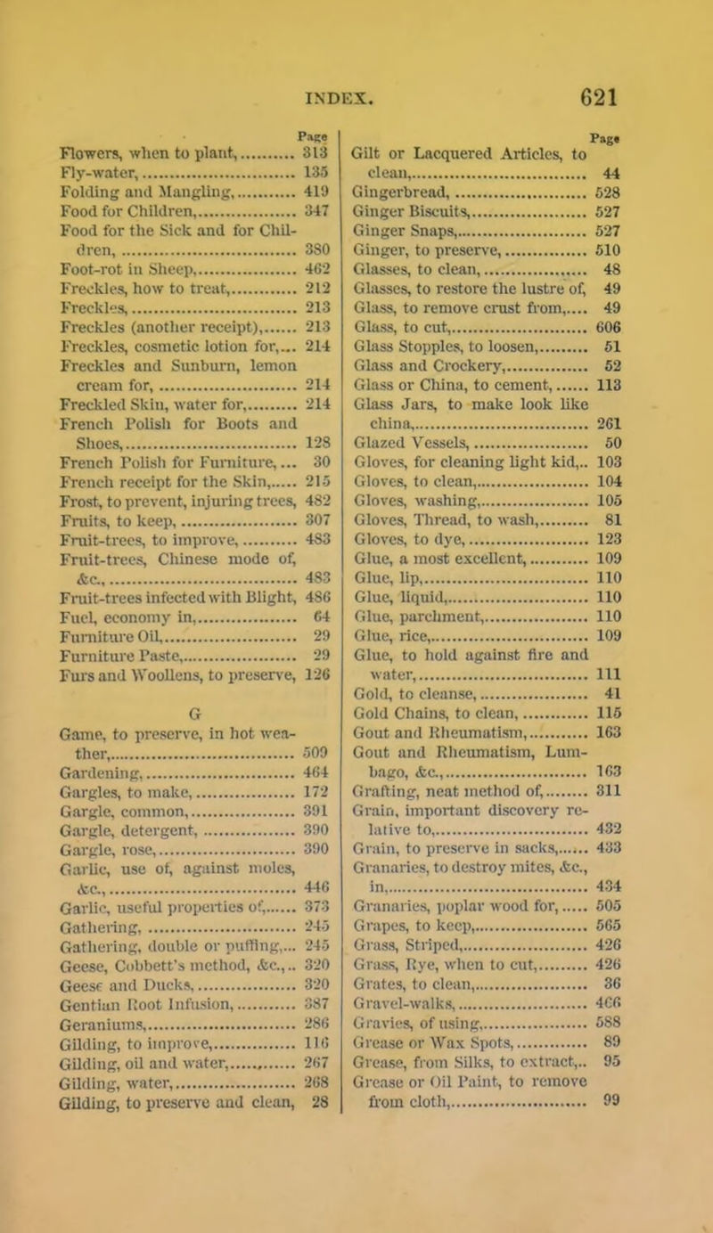 Page Flowers, when to plant, 313 Fly-water, 135 Folding and Mangling 419 Food for Children, 347 Food for the Sick and for Chil- dren, 380 Foot-rot in Sheep, 462 Freckles, how to treat, 212 Freckles, 213 Freckles (another receipt), 213 Freckles, cosmetic lotion for,... 214 Freckles and Sunburn, lemon cream for, 214 Freckled Skin, water for, 214 French Polish for Boots and Shoes, 128 French Polish for Furniture,... 30 French receipt for the Skin, 215 Frost, to prevent, injuring trees, 482 Fruits, to keep 307 Fruit-trees, to improve, 483 Fruit-trees, Chinese mode of, <fec., 483 Fruit-trees infected with Blight, 486 Fuel, economy in, 64 Furniture Oil, 29 Furniture Paste, 29 Furs and Woollens, to preserve, 126 G Game, to preserve, in hot wea- ther, 509 Gardening, 464 Gargles, to make, 172 Gargle, common, 391 Gargle, detergent, 390 Gargle, rose, 390 Garlic, use of, against moles, Ac. 446 Garlic, useful properties of, 373 Gathering, 245 Gathering, double or puffing,... 245 Geese, Cobbett’s method, &c.,.. 320 Geese and Ducks 320 Gentian Hoot Infusion, 387 Geraniums, 286 Gilding, to improve, 116 Gilding, oil and water, 267 Gilding, water, 268 Gilding, to preserve and clean, 28 Pag* Gilt or Lacquered Articles, to clean, 44 Gingerbread, 528 Ginger Biscuits, 527 Ginger Snaps, 527 Ginger, to preserve, 510 Glasses, to clean, 48 Glasses, to restore the lustre of, 49 Glass, to remove crust from,.... 49 Glass, to cut, 606 Glass Stopples, to loosen, 51 Glass and Crockery, 52 Glass or China, to cement, 113 Glass Jars, to make look like china, 261 Glazed Vessels, 50 Gloves, for cleaning light kid,.. 103 Gloves, to clean, 104 Gloves, washing, 105 Gloves, Thread, to wash, 81 Gloves, to dye, 123 Glue, a most excellent, 109 Glue, Up 110 Glue, liquid, 110 Glue, parchment, 110 Glue, rice, 109 Glue, to hold against fire and water, Ill Gold, to cleanse, 41 Gold Chains, to clean, 115 Gout and Rheumatism, 163 Gout and Rheumatism, Lum- bago, &c., 163 Grafting, neat method of, 311 Grain, important discovery re- lative to, 432 Grain, to preserve in sacks,...*.. 433 Granaries, to destroy mites, &c., Granaries, poplar wood for 505 Grapes, to keep, 565 Grass, Striped, 426 Grass, Rye, when to cut, 426 Grates, to clean, 36 Gravel-walks, 466 Gravies, of using 588 Grease or Wax Spots, 89 Grease, from Silks, to extract,.. 95 Grease or Oil Paint, to remove from cloth, 99