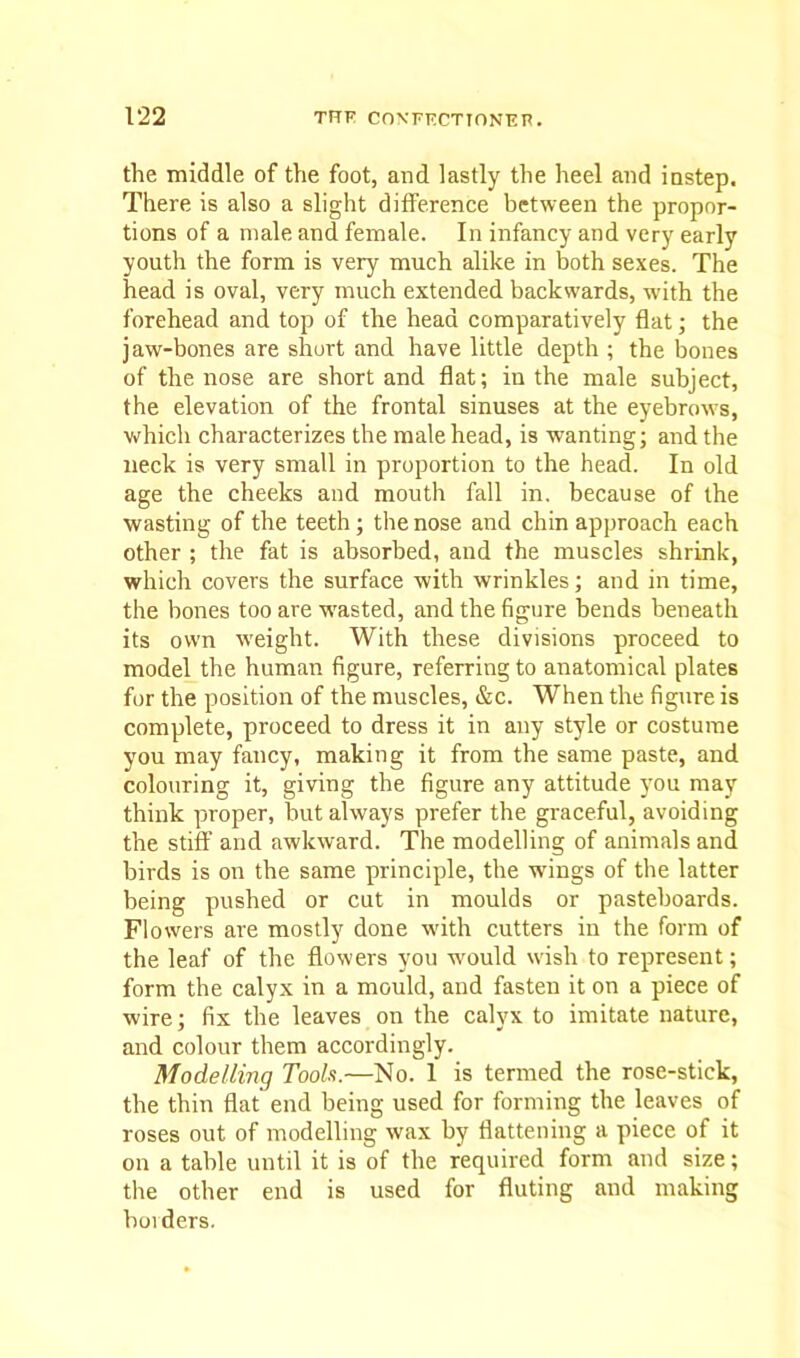 the middle of the foot, and lastly the heel and instep. There is also a slight difference between the propor- tions of a male and female. In infancy and very early youth the form is very much alike in both sexes. The head is oval, very much extended backwards, with the forehead and top of the head comparatively flat; the j aw-bones are short and have little depth ; the bones of the nose are short and flat; in the male subject, the elevation of the frontal sinuses at the eyebrows, which characterizes the male head, is wanting; and the neck is very small in proportion to the head. In old age the cheeks and mouth fall in. because of the wasting of the teeth; the nose and chin approach each other ; the fat is absorbed, and the muscles shrink, which covers the surface with wrinkles; and in time, the bones too are wrasted, and the figure bends beneath its own wreight. With these divisions proceed to model the human figure, referring to anatomical plates for the position of the muscles, &c. When the figure is complete, proceed to dress it in any style or costume you may fancy, making it from the same paste, and colouring it, giving the figure any attitude you may think proper, but always prefer the graceful, avoiding the stiff and awkward. The modelling of animals and birds is on the same principle, the wings of the latter being pushed or cut in moulds or pasteboards. Flowers are mostly done with cutters in the form of the leaf of the flowers you would wish to represent; form the calyx in a mould, and fasten it on a piece of wire; fix the leaves on the calyx to imitate nature, and colour them accordingly. Modelling Took.—No. 1 is termed the rose-stick, the thin flat end being used for forming the leaves of roses out of modelling wax by flattening a piece of it on a table until it is of the required form and size; the other end is used for fluting and making holders.