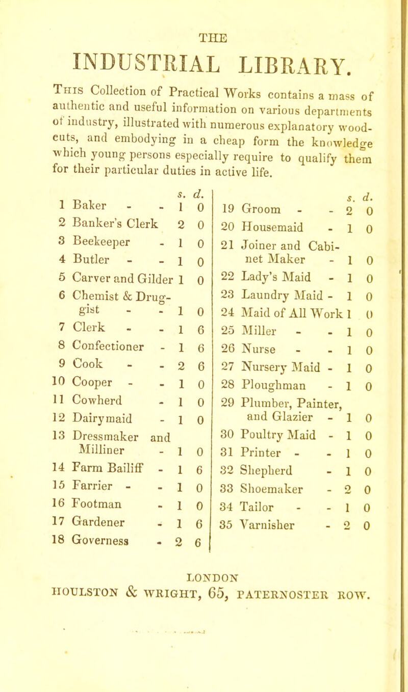 THE INDUSTRIAL LIBRARY. This Collection of Practical Works contains a mass of authentic and useful information on various departments ot industry, illustrated with numerous explanatory wood- euts, and embodying in a cheap form the knowledge which young persons especially require to qualify them for their particular duties in active life. s. d. 1 Baker - - l o 2 Banker’s Clerk 2 0 3 Beekeeper - l o 4 Butler - - i o 5 Carver and Gilder 1 0 6 Chemist & Drug- gist - -10 7 Clerk - - i q 8 Confectioner - 1 6 9 Cook - - 2 6 10 Cooper - -10 11 Cowherd -10 12 Dairymaid -10 13 Dressmaker and Milliner - l o 14 Farm Bailiff - i 6 15 Farrier - -10 16 Footman -10 17 Gardener - 1 6 18 Governess - 2 6 s. d. 19 Groom - -20 20 Housemaid - l o 21 Joiner and Cabi- net Maker - 1 0 22 Lady’s Maid -10 23 Laundry Maid -10 24 Maid of All Work 1 0 25 Miller - - 1 o 26 Nurse - -10 27 Nursery Maid -10 28 Ploughman -10 29 Plumber, Painter, and Glazier -10 30 Poultry Maid - 1 0 31 Printer - -10 32 Shepherd -10 33 Shoemaker - 2 0 34 Tailor - - 1 0 35 Varnisher - 2 0 LONDON IIOULSTON & WRIGHT, 65, TATERNOSTER ROW.