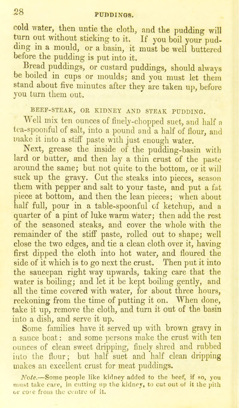 PUDDING8. cold water, then untie the cloth, and the pudding will turn out without sticking to it. If you bod your pud- ding in a mould, or a basin, it must be well buttered before the pudding is put into it. Bread puddings, or custard puddings, should always be boiled in cups or moulds; and you must let them stand about five minutes after they are taken up, before you turn them out. BEEP-STEAK, OR KIDNEY AND STEAK PUDDING. Well mix ten ounces of finely-chopped suet, and half a tea-spoonful of salt, into a pound and a half of flour, and make it into a stift paste with just enough water. Next, grease the inside of the pudding-basin with lard or butter, and then lay a thin crust of the paste around the same; but not quite to the bottom, or it will suck up the gravy. Cut the steaks into pieces, season them with pepper and salt to your taste, and put a fat piece at bottom, and then the lean pieces; when about half full, pour in a table-spoonful of ketchup, and a quarter of a pint of luke warn water; then add the rest of the seasoned steaks, and cover the whole with the remainder of the stiff paste, rolled out to shape; well close the two edges, and tie a clean cloth over it, having first dipped the cloth into hot water, and floured the side of it which is to go next the crust. Then put it into the saucepan right way upwards, taking care that the water is boiling; and let it be kept boiling gently, and all the time covered with water, for about three hours, reckoning from the time of putting it on. When done, take it up, remove the cloth, and turn it out of the basin into a dish, and serve it up. Some families have it served up with brown gravy in a sauce boat: and some persons make the crust with ten ounces of clean sweet dripping, finely shred and rubbed into the flour; but half suet and half clean dripping makes an excellent crust for meat puddings. Note.—Some people like kidney added to the beef, if so, you must take care, in cutting up tiie kidney, to cut out of it the pith or co:e from the centre of it.