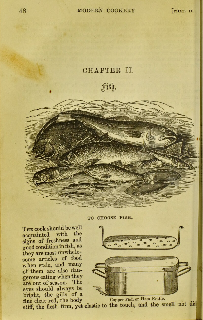 CHAPTER II. |is|. TO CHOOSE FISH. The cook should be well acquainted with the signs of freshness and good condition in fish, as they are most unwhole- some articles of food when stale, and many of them are also dan- gerous eating when they are out of season. The eyes should always be bright, the gills of a fine clear red, the body nne Clear reu, iuc uuu; Copper Fish or Haul Kettle. ctiff, the flesh firm, yet elastic to the touch, and the smell not dis J