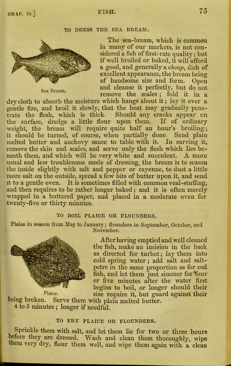 TO DRESS THE SEA BREAM. The sea-bream, which is common in many of our markets, is not con- sidered a fish of first-rate quality; but if well broiled or baked, it will afford a good, and generally a cheap, dish of excellent appearance, the bream being of handsome size and form. Open and cleanse it perfectly, but do not remove the scales ; fold it in a dry cloth to absorb the moisture which hangs about it; lay it over a gentle fire, and broil it slowly, that the heat may gradually pene- trate the flesh, which is thick. Should any cracks appear on the surface, dredge a little flour upon them. If of ordinary weight, the bream will require quite half an hour’s broiling; it should be turned, of course, when partially done. Send plain melted butter and anchovy sauce to table with it. In carving it, remove the skin and scales, and serve only the flesh which lies be- neath them, and which will be very white and succulent. A more usual and less troublesome mode of dressing, the bream is to season the inside slightly with salt and pepper or cayenne, to dust a little more salt on the outside, spread a few bits of butter upon it, and send it to a gentle oven. It is sometimes filled with common veal-stuffing, and then requires to be rather longer baked; and it is often merely wrapped in a buttered paper, and placed in a moderate oven for twenty-five or thirty minutes. TO BOIL PLAICE OR FLOUNDERS. Plaice in season from May to January; flounders in September, October, and November. TO FRY PLAICE OR FLOUNDERS. Sprinkle them with salt, and let them lie for two or three hours before they are dressed. Wash and clean them thoroughly, wipe them very dry, flour them well, and wipe them again with a clean After having emptied and well cleaned the fish, make an incision in the back as directed for turbot; lay them into cold spring water; add salt and salt- petre in the same proportion as for cod fish, and let them just simmer for'four or five minutes after the water first begins to boil, or longer should their Plaite- size require it, but guard against their being broken. Serve them with plain melted butter. 4 to 5 minutes ; longer if needful.