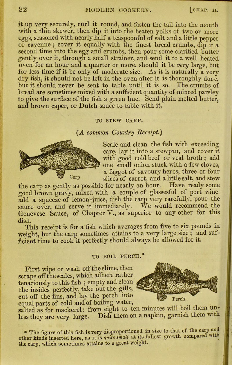 it up very securely, curl it round, and fasten the tail into the mouth with a thin sketver, then dip it into the beaten yolks of two or more eggs, seasoned with nearly half a teaspoonful of salt and a little pepper or cayenne; cover it equally with the finest bread crumbs, dip it a second time into the egg and crumbs, then pour some clarified butter gently over it, through a small strainer, and send it to a well heated oven for an hour and a quarter or more, should it be very large, but for less time if it be only of moderate size. As it is naturally a very dry fish, it should not be left in the oven after it is thoroughly done, but it should never be sent to table until it is so. The crumbs of bread are sometimes mixed with a sufficient quantity of minced parsley to give the surface of the fish a green hue. Send plain melted butter, and brown caper, or Dutch sauce to table with it. TO STEW CARP. (A common Country Receipt.') Scale and clean the fish with exceeding care, lay it into a stewpan, and cover it with good cold beef or veal broth ; add one small onion stuck with a few cloves, a faggot of savoury herbs, three or four Carp. slices of carrot, and a little salt, and stew the carp as gently as possible for nearly an hour. Have ready some good brown gravy, mixed with a couple of glassesful of port wine add a squeeze of lemon-juice, dish the carp very carefully, pour the sauce over, and serve it immediately. We would recommend the Genevese Sauce, of Chapter V., as superior to any other for this dish. This receipt is for a fish which averages from five to six pounds in weight, but the carp sometimes attains to a very large size ; and suf- ficient time to cook it perfectly should always be allowed for it. TO BOIL PERCH,* First wipe or wash off the slime, then scrape off the scales, which adhere rather tenaciously to this fish ; empty and clean the insides perfectly, take out the gills, cut off the fins, and lay the perch into equal parts of cold and of boiling water, salted as for mackerel: from eight to ten minutes will boil them un- less they are very large. Dish them on a napkin, garnish them with * The figure of this fish is very disproportioned in size to that of the carp and other kinds inserted here, as it is quite small at its fullest growth compare vii the carp, which sometimes attains to a great weight.