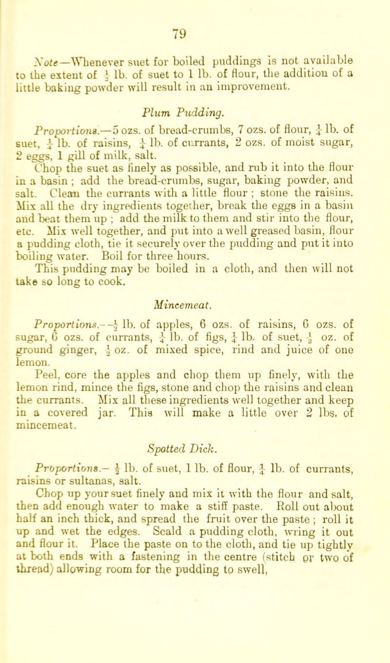 Xote—Whenever suet for boiled puddings is not available to the extent of 1 lb. of suet to 1 lb. of flour, the addition of a little baking powder will result in an improvement. Plum Pudding. Proportio7i8.—5 ozs. of bread-crumbs, 7 ozs. of flour, ^ lb. of suet, lb. of raisins, lb. of currants, 2 ozs. of moist sugar, 2 eggs, 1 gill of milk, salt. X'hop the suet as finely as possible, and rub it into the flour in a basin ; add the bread-crumbs, sugar, baking powder, and salt. Clean the currants with a little flour ; stone the raisins. Mix all the dry ingredients together, break the eggs in a basin and beat them up ; add the milk to them and stir into the flour, etc. Mix well together, and put into a well greased basin, flour a pudding cloth, tie it securely over the pudding and put it into boiling water. Boil for three hotirs. This pudding may be boiled in a cloth, and then will not take so long to cook. Mincemeat. Proport ions.-~l lb. of apples, 6 ozs. of raisins, G ozs. of sugar, G ozs. of currants, .J- lb. of figs, lb. of suet, I oz. of ground ginger, J oz. of mixed spice, rind and juice of one lemon. Peel, core the apples and chop them up finely, with the lemon rind, mince the figs, stone and chop the raisins and clean the currants. Mix all these ingredients well together and keep in a covered jar. This will make a little over 2 lbs. of mincemeat. Spotted Dick. Proportions.— | lb. of snet, 1 lb. of flour, J lb. of currants, raisins or sultanas, salt. Chop up your suet finely and mix it with the flour and salt, then add enough water to make a stiff paste. Roll out alx)ut half an inch thick, and spread the fruit over the paste ; roll it up and wet the edges. Scald a pudding cloth, wring it out and flour it. Place the paste on to the cloth, and tie up tightly at both ends with a fastening in the centre (stitch or two of thread) allowing room for the pudding to swell.