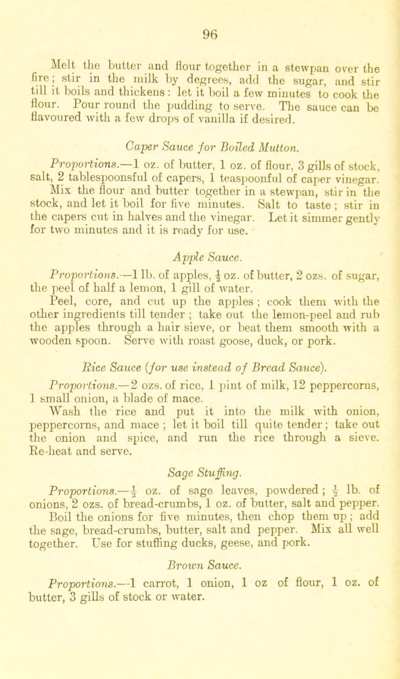 Mcit tli6 butter und flour togetlier in a stewpan over the fire ; stir in the milk by decrees, add the sugar, and stir till it boils and thickens: let it boil a few minutes to cook the flour. Pour round the jJudding to serve. The sauce can be flavoured with a few drops of vanilla if desired. Caper Sauce ;for Boiled Mutton. Proportions.—1 oz. of butter, 1 oz. of flour, 3 gills of stock, salt, 2 tablespoonsful of capers, 1 teaspoonful of caper vinegar. Mix the flour and butter together in a stewpau, stir in the stock, and let it boil for five minutes. Salt to taste ; stir in the capere cut in halves and the vinegar. Let it simmer gently for two minutes and it is ready for use. Apple Sauce. Proportions.—1 lb. of apples, ^ oz. of butter, 2 ozs. of sugar, the peel of half a lemon, 1 gill of water. Peel, core, and cut up the apples ; cook them with the other ingredients till tender ; take out the lemon-peel and rub the apples through a hair sieve, or beat them smooth with a wooden spoon. Serve with roast goose, duck, or pork. Rice Sauce (for use instead of Bread Sauce). Proportions.— 2 ozs. of rice, 1 pint of milk, 12 peppercorns, 1 small onion, a blade of mace. Wash the rice and put it into the milk with onion, peppercorns, and mace ; let it boil till quite tender; take out the onion and spice, and run the rice through a sieve. Re-heat and serve. Sage Stuffing. Proportions.—\ oz. of sage leaves, powdered ; -1 lb. of onions, 2 ozs. of bread-crumbs, 1 oz. of butter, salt and pepper. Boil the onions for five minutes, then chop them up; add the sage, bread-crumbs, butter, salt and pepper. Mix all well together. Use for stuffing ducks, geese, and pork. Broicn Sauce. Proportions.—1 carrot, 1 onion, 1 oz of flour, 1 oz. of butter, 3 giUs of stock or water.