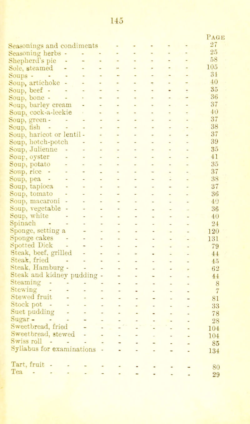 U5 Seasonings and condiments . _ Pagk 27 Seasoning herbs - - - - - - 2o Shepherd's pie - - - - - 58 Sole, steamed - - - - - 1U5 Soups 31 Soup, artichoke - - - - - - 40 Soup, beef - - - - - - - • - 35 Soup, bone - - • - - - - - - 36 Soup, barley cream - - - - - 37 Soup, cock-a-leekie - - - - - 40 Soup, green - - - - 37 Soup, tish - - - - 38 Soup, haricot or lentil - - - - - - 37 Soup, hotch-potch - - - - - 39 Soup, Julienne - - - - - - 35 Soup, oyster - - - - - 41 Soup, potato - - - - - 35 Soup, rice - - - . - - - - - 37 Soup, pea . - - . - - - - - 38 Soup, tapioca . - . - - - - - 37 Soup, tomato - - - - - 36 Soup, macaroni - - - - - - 40 Soup, vegetable - - - - - 36 Soup, white - - - - - 40 Spinach ... - - - - - - 24 Sponge, setting a - - - - - - - 120 Sponge cakes - - . - - - - - 131 Spotted Dick . - . - - - _ . 79 Steak, beef, grilled - - . - _ 44 Steak, fried . - . _ _ . _ _ 45 Steak. Hamburg - - - _ 62 Steak and kidney pudding - - - - _ _ 44 Steaming - - . . _ _ _ _ 8 Stewing .... _ _ _ - - 7 Stewed fruit _ _ _ 81 Stock pot - - . . - . _ _ _ 33 Suet pudding - - _ - . 78 Sugar ----- - - - . _ 28 Sweetbread, fried _ _ _ . 104 Sweetbread, stewed 104 Swiss roll - . - - _ 85 Syllabus for examinations - - - - - - 134 Tart, fruit - - - . 80 Tea ----- - - - - . 29