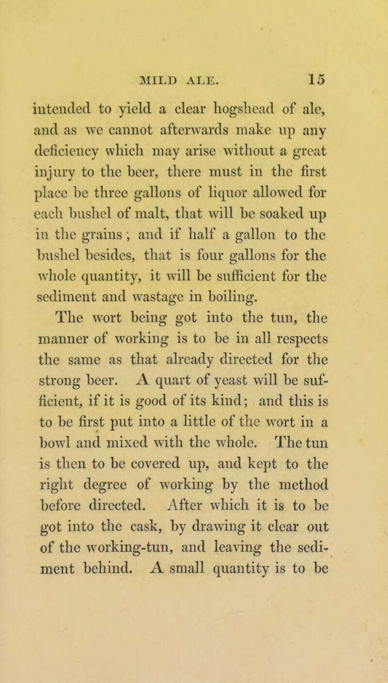 intended to yield a clear hogshead of ale, and as we cannot afterwards make up any deficiency which may arise without a great injury to the beer, there must in the first place he three gallons of liquor allowed for each bushel of malt, that will be soaked up in the grains; and if half a gallon to the bushel besides, that is four gallons for the whole quantity, it will be sufficient for the sediment and wastage in boiling. The wort being got into the tun, the manner of working is to be in all respects the same as that already directed for tire strong beer. A quart of yeast will be suf- ficient, if it is good of its kind; and this is to be first put into a little of the wort in a bowl and mixed with the whole. The tun is then to be covered up, and kept to the right degree of working by the method before directed. After which it is to be got into the cask, by drawing it clear out of the working-tun, and leaving the sedi- ment behind. A small quantity is to be