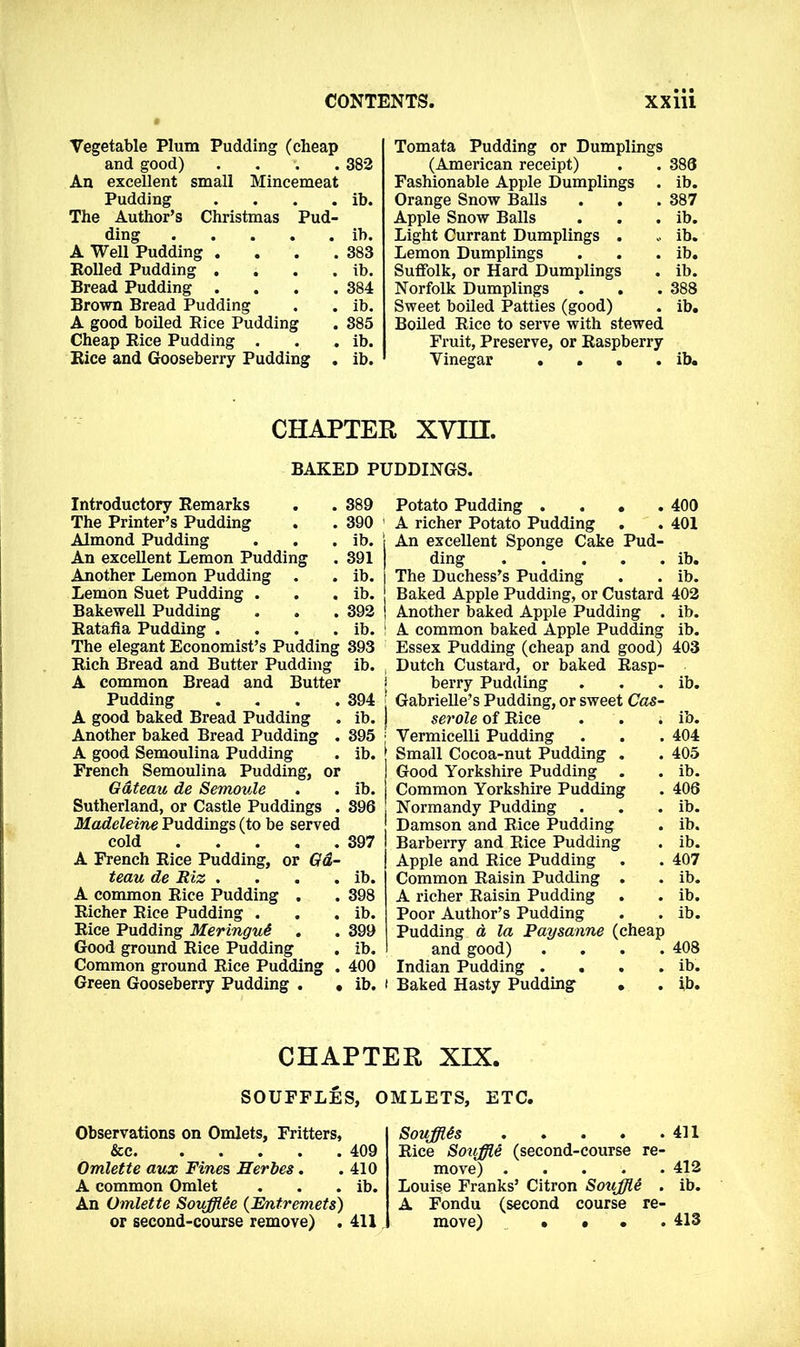 Vegetable Plum Pudding (cheap and good) . An excellent small Mincemeat Pudding .... The Author’s Christmas Pud- ding A Well Pudding .... Rolled Pudding .... Bread Pudding .... Brown Bread Pudding A good boiled Rice Pudding Cheap Rice Pudding . Rice and Gooseberry Pudding . 382 ib. ib. 383 ib. 384 ib. 385 ib. ib. Tomata Pudding or Dumplings (American receipt) . . 380 Fashionable Apple Dumplings . ib. Orange Snow Balls . . . 387 Apple Snow Balls . . . ib. Light Currant Dumplings . , ib. Lemon Dumplings . . . ib. Suffolk, or Hard Dumplings . ib. Norfolk Dumplings . . . 388 Sweet boiled Patties (good) . ib. Boiled Rice to serve with stewed Fruit, Preserve, or Raspberry Vinegar . . . . ib. CHAPTER XVIH. BAKED PUDDINGS. Introductory Remarks . . 389 The Printer’s Pudding . . 390 Almond Pudding . . . ib. An excellent Lemon Pudding . 391 Another Lemon Pudding . . ib. Lemon Suet Pudding . . . ib. Bakewell Pudding . . . 392 Ratafia Pudding . . . . ib. The elegant Economist’s Pudding 393 Rich Bread and Butter Pudding ib. A common Bread and Butter Pudding .... 394 A good baked Bread Pudding . ib. Another baked Bread Pudding . 395 A good Semoulina Pudding . ib. French Semoulina Pudding, or Gateau de Semoule . . ib. Sutherland, or Castle Puddings . 896 Madeleine Puddings (to be served cold 397 A French Rice Pudding, or Gd- teau de Riz . . . . ib. A common Rice Pudding . . 398 Richer Rice Pudding . . . ib. Rice Pudding Meringue . . 399 Good ground Rice Pudding . ib. Common ground Rice Pudding . 400 Green Gooseberry Pudding . . ib. Potato Pudding .... 400 A richer Potato Pudding . . 401 An excellent Sponge Cake Pud- ding ib. The Duchess’s Pudding . . ib. Baked Apple Pudding, or Custard 402 Another baked Apple Pudding . ib. 1 A common baked Apple Pudding ib. Essex Pudding (cheap and good) 403 , Dutch Custard, or baked Rasp- j berry Pudding . . . ib. j Gabrielle’s Pudding, or sweet Cas- | serole of Rice . . . ib. j Vermicelli Pudding . . . 404 Small Cocoa-nut Pudding . . 405 Good Yorkshire Pudding . . ib. Common Yorkshire Pudding . 406 I Normandy Pudding . . . ib. j Damson and Rice Pudding . ib. Barberry and Rice Pudding . ib. j Apple and Rice Pudding . . 407 I Common Raisin Pudding . . ib. A richer Raisin Pudding . . ib. Poor Author’s Pudding . . ib. Pudding d la Paysanne (cheap and good) .... 408 Indian Pudding . . . . ib. i Baked Hasty Pudding . . ib. CHAPTER XIX. SOUFFLES, OMLETS, ETC. Observations on Omlets, Fritters, &c 409 Omlette aux Fines Series. .410 A common Omlet . . . ib. An Omlette Soufflee (Entremets) or second-course remove) . 411 Souffles 411 Rice Souffle (second-course re- move) 412 Louise Franks’ Citron Souffle . ib. A Fondu (second course re- move) .... 413