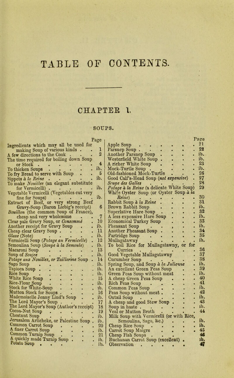 TABLE OF CONTENTS CHAPTEK 1, SOUPS. Ingredients which may all be used for making Soup of various kinds . A few directions to the Cook . The time required for boiling down Soup or Stock ■••••• To thicken Soups To fry Bread to serve with Soup Sippets & la Reins To make Nouilles (an elegant substitute for Vermicelli) Vegetable Vermicelli (Vegetables cut very fine for Soups) .... Extract of Beef, or very strong Beef Gravy-Soup (Baron Liebig’s receipt) Bouillon (the common Soup of France), cheap and very wholesome Clear pale Gravy Soup, or Consomme Another receipt for Gravy Soup Cheap clear Gravy Soup . . . . Glaze (Note) Vermicelli Soup (Potage an Vermicelle) . Semoulina Soup (Soupe a la Semoule) Macaroni Soup Soup of Soujee Potage aux Nouilles, or Taillerinc Soup . Sago Soup .... Tapioca Soup . Rice Soup White Rice Soup Rice-FlourSoup Stock for Wliite-Soup . Mutton Stock for Soups . Mademoiselle Jenny Lind’s Soup . The Lord Mayor’s Soup . The Lord Mayor’s Soup (Author’s receipt) Cocoa-Nut Soup Chestnut Soup Jerusalem Artichoke, or Palestine Soup . Common Carrot Soup . . . . A finer Carrot Soup . . . . Common Turnip Soup . . . . A quickly made Turnip Soup . Potato Soup ... Page 1 2 ib. 5 ib. ib. ib. 10 ib. 11 ib. 12 ib. Page Apple Soup 21 Parsnep Soup 22 Another Parsnep Soup . . . . ib. Westerfield White Soup . . . . ib. A richer White Soup . . - . 23 Mock-Turtle Soup ib. Old-fashioned Mock-Turtle . . .26 Good Calf’s-Head Soup (not expensive) . 27 Soupe des Galles . . . . .28 Potage a la Reine (a delicate White Soup) 29 Whits Oyster Soup (or Oyster Soup a la Reine) ... ... 30 Rabbit Soup a la Reine . ... 31 Brown Rabbit Soup . . . . ib. Superlative Hare Soup . . . .32 A less expensive Ilare Soup . . . ib. Economical Turkey Soup . . . 33 Pheasant Soup . . , . . ib. Another Pheasant Soup . . . .34 Partridge Soup 35 Mullagatawny ib. To boil Rice for Mullagatawny, or for Curries 36 Good Vegetable Mullagatawny . 37 Cucumber Soup 38 Spring Soup, and Soup a la Julienne . ib. An excellent Green Peas Soup . . 39 Green Peas Soup without meat . . ib. A cheap Green Peas Soup . . .40 Rich Peas Soup . . . . .41 Common Peas Soup . . . . ib. Peas Soup without meat . . . . 42 Oxtail Soup ib. A cheap and good Stew Soup . . .43 Soup in haste lb. Veal or Mutton Broth .... 44 Milk Soup with Vermicelli (or with Rice, Semoulina, Sago, &c.) . . . ib. Cheap Rice Soup ib. Carrot Soup Maigre . . . .45 Cheap Fish Soups ... 46 Buchanan Carrot Soup (excellent) . ib. Observation .... 4n