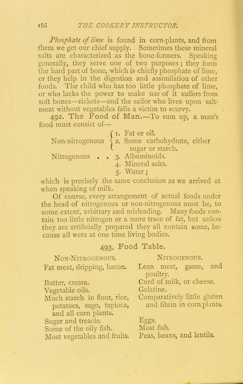 Phosphate of lime is found in corn-plants, and from them we get our chief supply. Sometimes these mineral salts are characterized as the bone-formers. Speaking generally, they serve one of two purposes; they form the hard part of bone, which is chiefly phosphate of lime, or they help in the digestion and assimilation of other foods. The child who has too little phosphate of lime, or who lacks the power to make use of it suffers from soft bones—rickets—and the sailor who lives upon salt- meat without vegetables falls a victim to scurvy. 492. The Food of Man.—To sum up, a man’s food must consist of— {1. Fat or oil. 2. Some carbohydrate, either sugar or starch. Nitrogenous . . 3. Albuminoids. 4. Mineral salts. 5. Water; which is precisely the same conclusion as we arrived at when speaking of milk. Of course, every arrangement of actual foods under the head of nitrogenous or non-nitrogenous must be, to some extent, arbitrary and misleading. Many foods con- tain too little nitrogen or a mere trace of fat, but unless they are artificially prepared they all contain some, be- cause all were at one time living bodies. 493. Food Table. N on-N itrogenous. Fat meat, dripping, bacon. Butter, cream. Vegetable oils. Much starch in flour, rice, potatoes, sago, tapioca, and all corn plants. Sugar and treacle. Some of the oily fish. Most vegetables and fruits. Nitrogenous. Lean meat, game, and poultry. Curd of milk, or cheese. Gelatine. Comparatively little gluten and fibrin in corn plants. Eggs. Most fish. Peas, beans, and lentils.