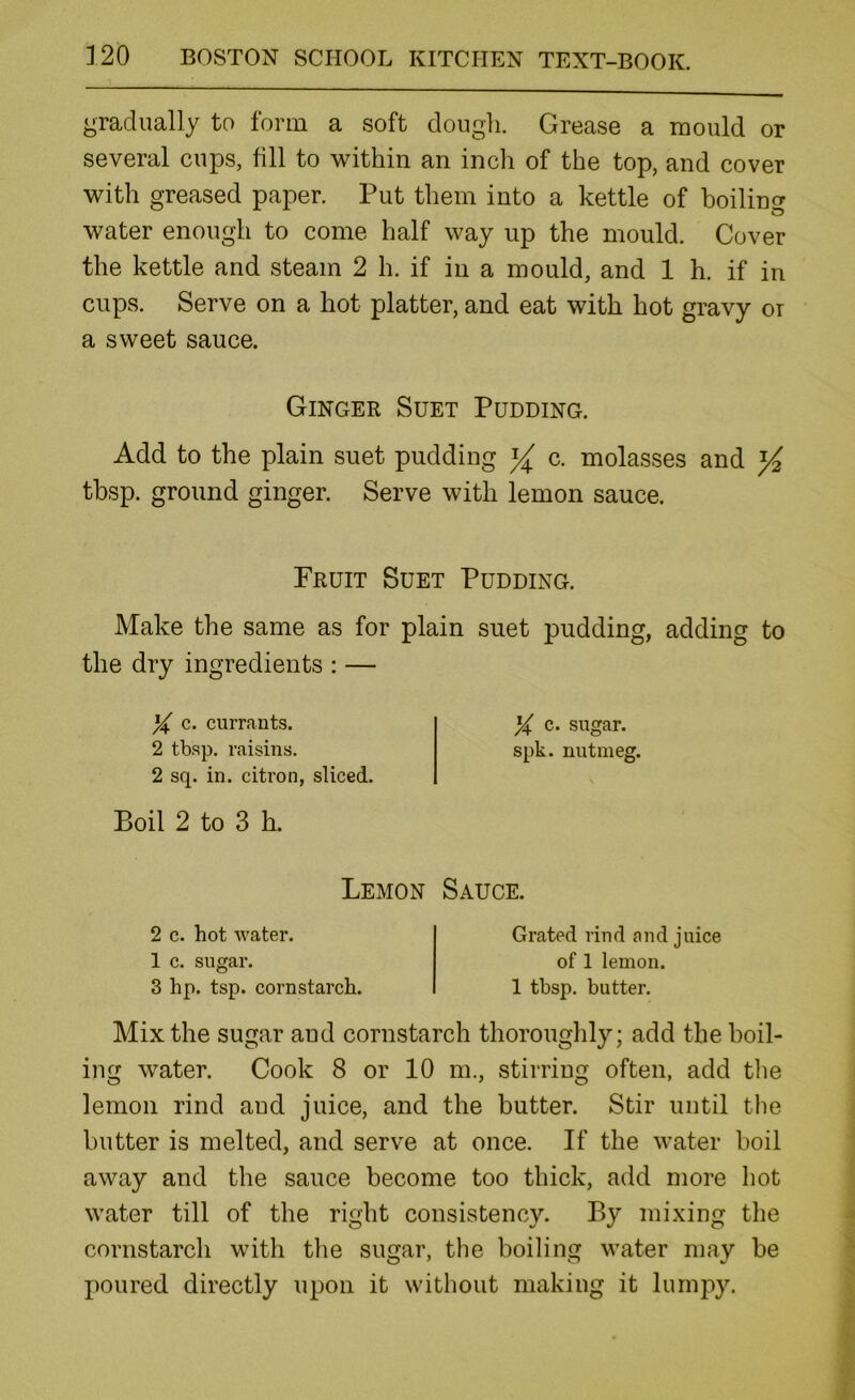 gradually to form a soft dougli. Grease a mould or several cups, fill to within an incli of the top, and cover with greased paper. Put them into a kettle of boiling water enough to come half way up the mould. Cover the kettle and steam 2 h. if in a mould, and 1 h. if in cups. Serve on a hot platter, and eat with hot gravy or a sweet sauce. Ginger Suet Pudding. Add to the plain suet pudding ^ c. molasses and ^ tbsp. ground ginger. Serve with lemon sauce. Fruit Suet Pudding. Make the same as for plain suet pudding, adding to the dry ingredients : — % c. currants. ^ c. sugar. 2 tbsp. raisins. spk. nutmeg. 2 sq. in. citron, sliced. Boil 2 to 3 h. Lemon Sauce. 2 c. hot water. 1 c. sugar. 3 hp. tsp. cornstarch. Grated rind and juice of 1 lemon. 1 tbsp. butter. Mix the sugar and cornstarch thoroughly; add the boil- ing water. Cook 8 or 10 m., stirring often, add tlie lemon rind and juice, and the butter. Stir until the butter is melted, and serve at once. If the water boil away and the sauce become too thick, add more hot water till of the right consistency. By mixing the cornstarch with tlie sugar, the boiling water may be poured directly upon it without making it lumpy.