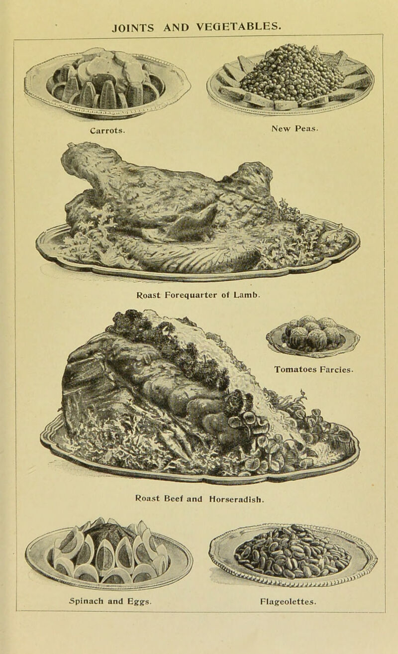 JOINTS AND VEGETABLES. Roast Forequarter of Lamb. Roast Beef and Horseradish. 5pinach and Eggs. Fiageolettes.