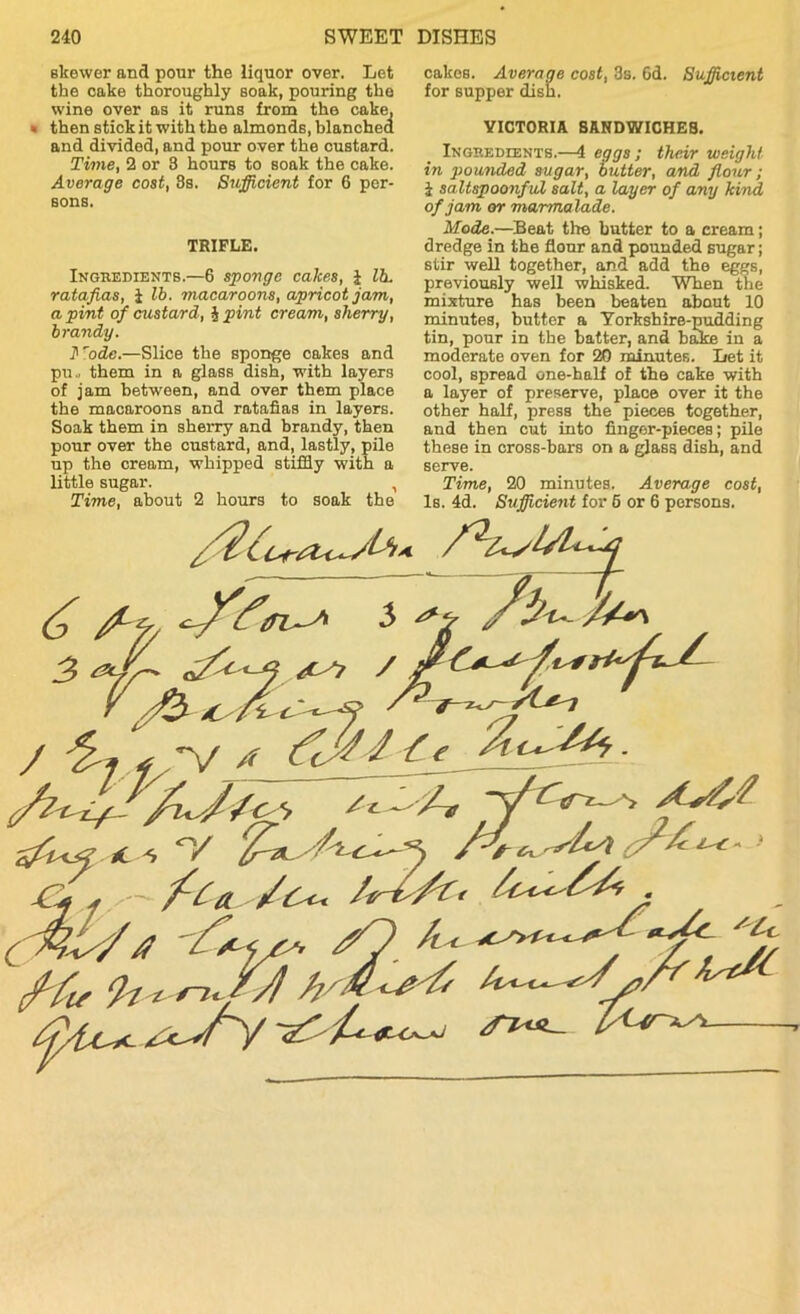 skewer and pour the liquor over. Let the cake thoroughly soak, pouring the wine over as it runs from the cake, then stick it with the almonds, blanched and divided, and pour over the custard. Time, 2 or 3 hours to soak the cake. Average cost, 3s. Sufficient for 6 per- sons. TRIFLE. Ingeedients.—6 sponge cakes, i Ik. ratafias, 1 lb. macaroons, apricot jam, a pint of custard, \pint cream, sherry, brandy. it'ode.—Slice the sponge cakes and pu., them in a glass dish, with layers of jam between, and over them place the macaroons and ratafias in layers. Soak them in sherry and brandy, then pour over the custard, and, lastly, pile up the cream, whipped stiffly with a little sugar. , Time, about 2 hours to soak the cakes. Average cost, 3s. 6d. Sufficient for supper dish. VICTORIA SANDWICHES. Ingeedients.—4 eggs ; their weight in pounded sugar, butter, and flour; i saltspoonful salt, a layer of any kind of jam or marmalade. Mode.—Beat the butter to a cream; dredge in the flour and pounded sugar; stir well together, and add the eggs, previously well whisked. When the mixture has been beaten about 10 minutes, butter a Yorkshire-pudding tin, pour in the batter, and bake in a moderate oven for 20 minutes. Let it cool, spread one-half of the cake with a layer of preserve, place over it the other half, press the pieces together, and then cut into finger-pieces; pile these in cross-bars on a glass dish, and serve. Time, 20 minutes. Average cost, Is. 4d. Sufficient for 6 or 6 persons. / f *V * /nj/os ^ -A ff''? /C*-< /iris fa* « A /.* -£*** *% Her ‘h * fafl