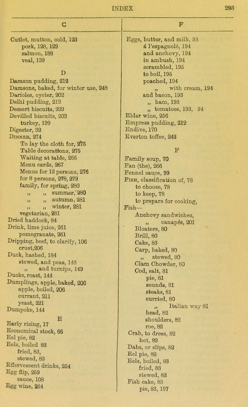 C Cutlet, mutton, oold, 123 pork, 128, 129 salmon, 188 veal, 139 D Damson pudding, 212 Damsons, baked, for winter use, 248 Darioles, oyster, 202 Delhi pudding, 212 Dessert biscuits, 229 Devilled biscuits, 202 turkey, 199 Digester, 32 Dinner, 274 To lay the doth for, 2*75 Table decorations, 275 Waiting at table, 266 Menu cards, 267 Menus for 12 persons, 276 for 8 persons, 278,279 family, for spring, 280 „ „ summer,'280 „ „ autumn, 281 „ „ winter, 281 vegetarian, 281 Dried haddock, 84 Drink, lime juice, 261 pomegranate, 261 Dripping, beef, to clarify, 106 crust,206 Duck, hashed, 184 stewed, and peas, 148 „ and turnips, 149 Duoks, roast, 144 Dumplings, apple, baked, 206 apple, boiled, 206 currant, 211 yeast, 221 Dumpoke, 144 E Early rising, 17 Economical stook, 66 Eel pie, 82 Eels, boiled 83 fried, 83, stewed, 83 Effervescent drinks, 264 Egg flip, 259 sauce, 108 Egg wine, 264 F Eggs, butter, and milk, 38 £ l’espagnolo, 194 and anohovy,194 in ambush, 194 scrambled, 195 to boil, 195 poaohed, 194 „ with cream, 194 and bacon, 193 ,, ham, 193 „ tomatoes, 193, 94 Elder wine, 256 Empress pudding, 212 Endive, 170 Everton toffee, 243 F Family soup, 70 Fan (the), 266 Fennel sauce, 99 Fish, classification of, 78 to choose, 78 to keep, 78 to prepare for cooking, Fish— Anchovy sandwiches, „ canapes, 201 Bloaters, 80 Brill, 80 Cake, 83 Carp, baked, 80 „ stewed, 80 Clam Chowder, 80 Cod, salt, 81 pie, 81 sounds, 81 steaks, 81 curried, 80 „ Italian way 81 head, 82 shoulders, 82 roe, 82 Crab, to dress, 82 hot, 82 Dabs, or slips, 82 Eel pie, 82 Eels, boiled, 83 fried, 83 stewed, 83 Fish cake, 83 pie, 83, 197